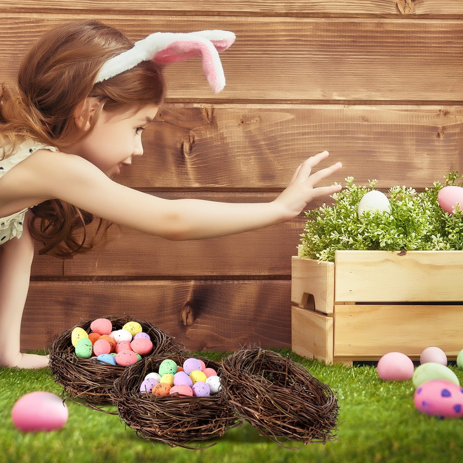 12 Pcs Mini Artificial Bird Nests with 100 Easter Eggs for Crafts & Decor