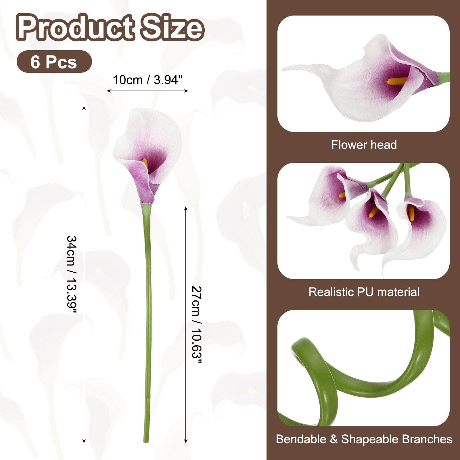 6 Pcs 13 Inch Artificial Calla Lily Fake Flowers Real Touch, White Purple/Yellow