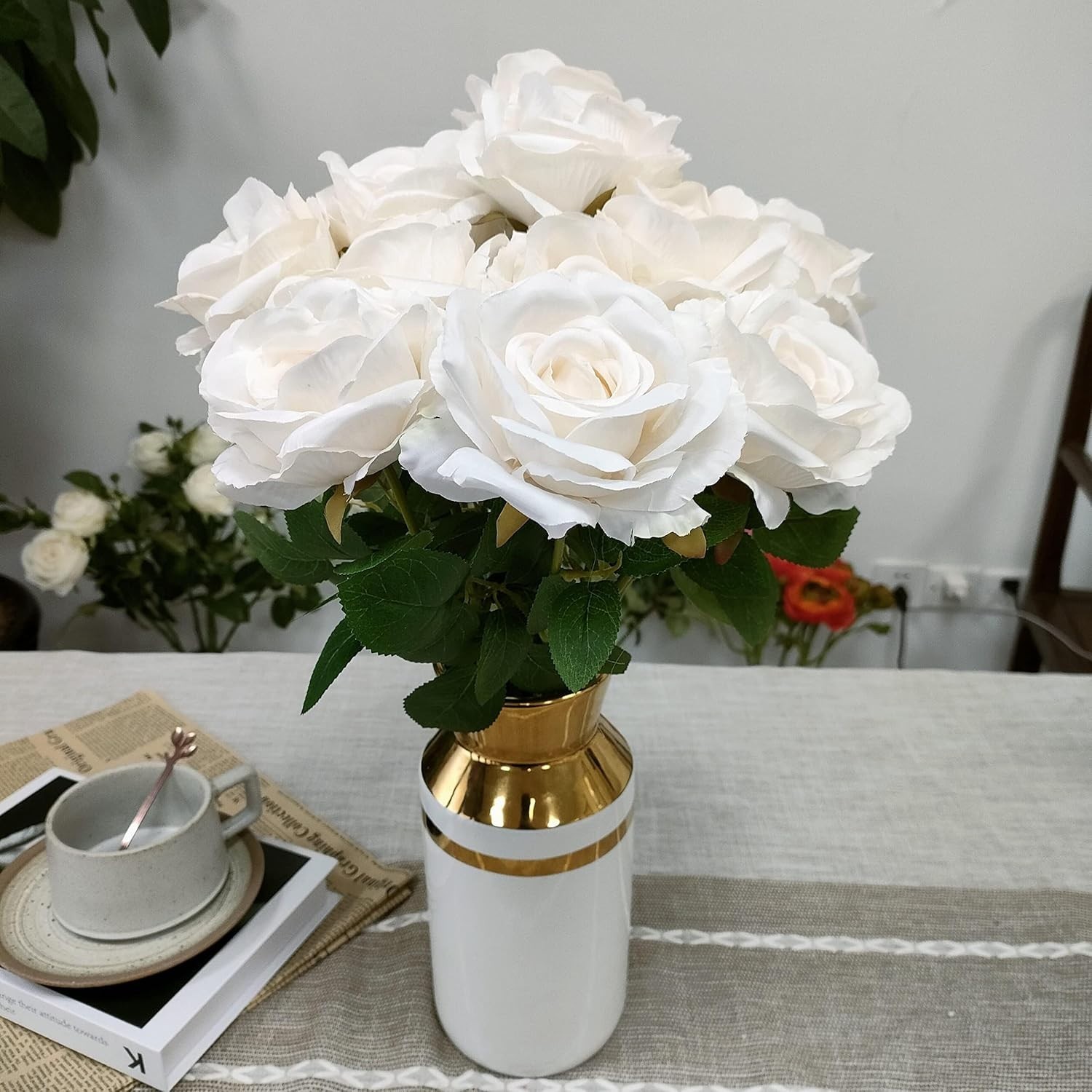 12 Pcs Ivory Artificial Roses – Stunning Faux Silk Flowers for Home Decor