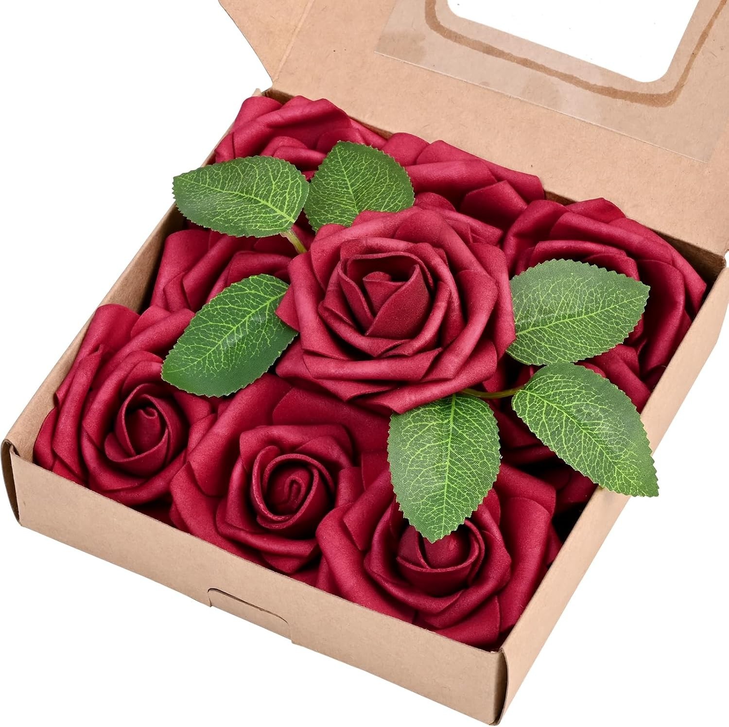 9 Pcs Artificial Flowers Fake Rose with Stems – Red Real Touch Foam Roses for…
