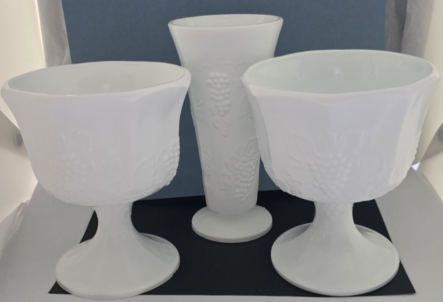 Vintage Milk Glass Lot of 3 Grape Pattern Vases & Compote Set White