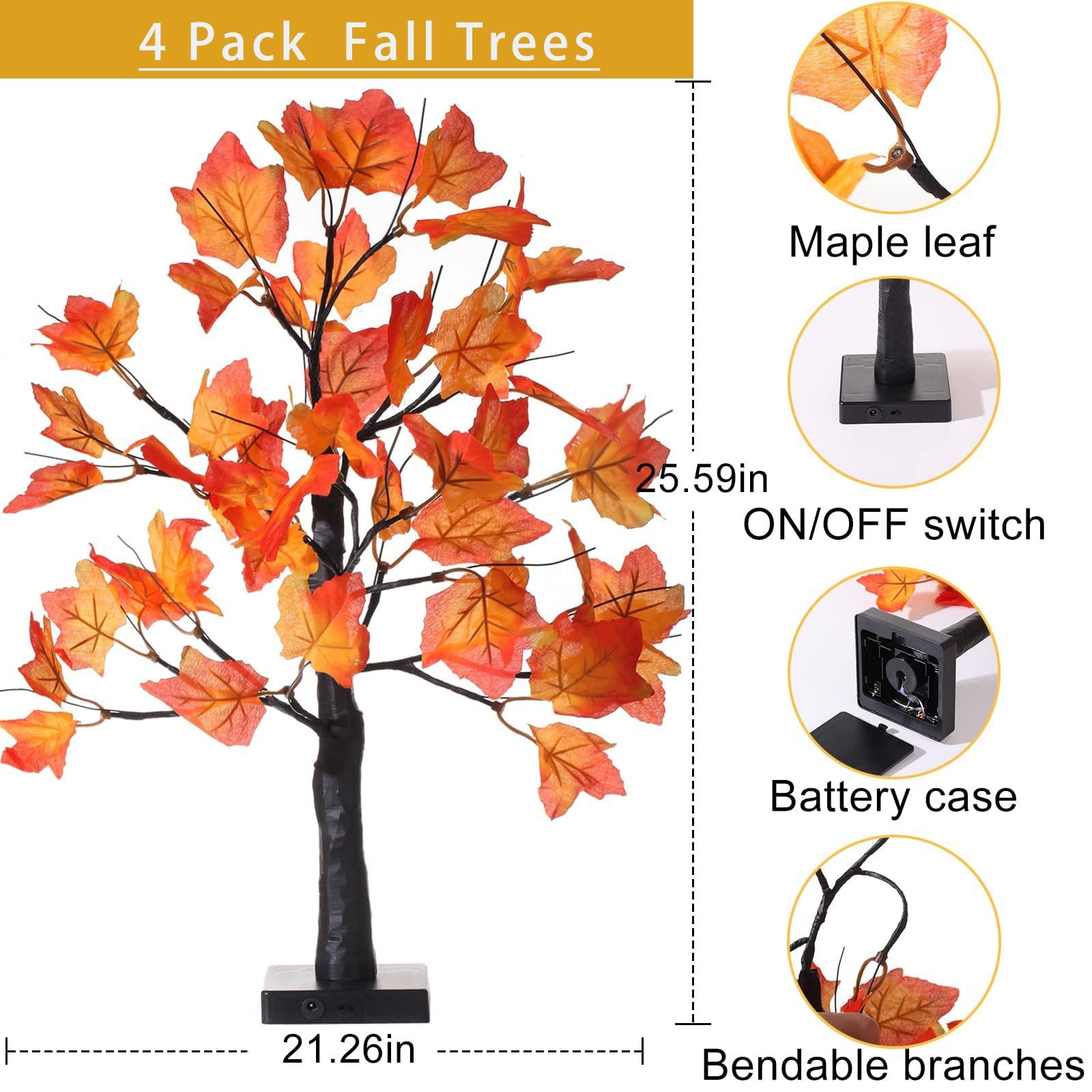 4Pcs Fall Lighted Maple Tree Decor 2FT96LED USBBattery Operated Artificial Au…