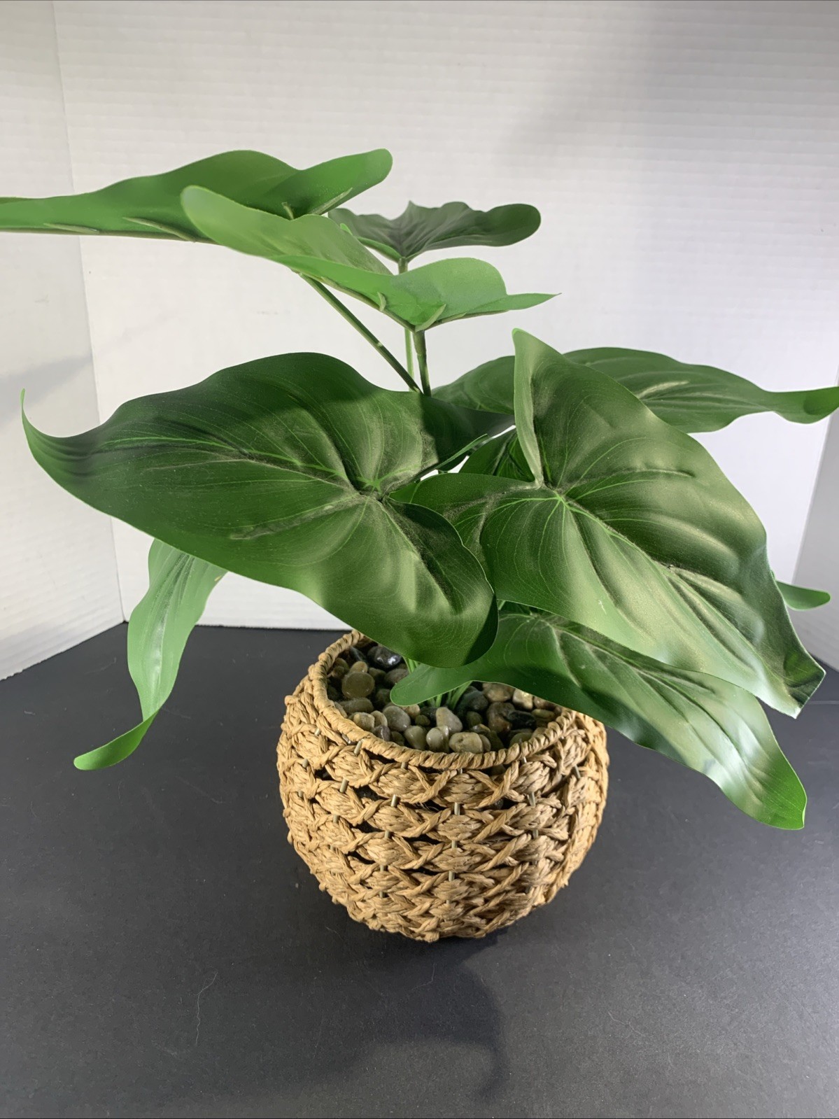 Faux Tropical Sweetheart Plant Seagrass Woven Planter Alocasia River Rock 12”