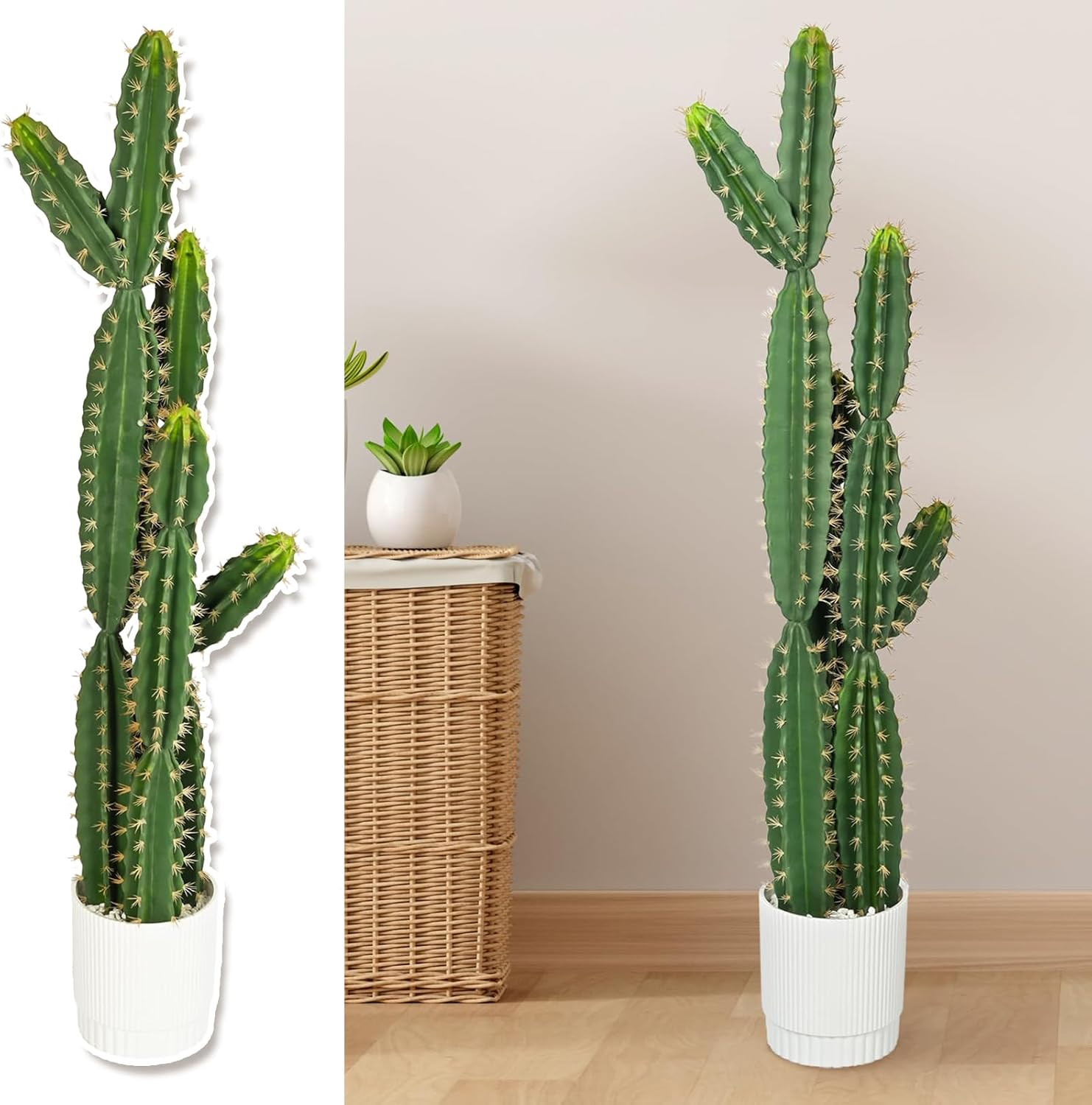 51″ Realistic Faux Cactus in White Pot – Low Maintenance Indoor/Outdoor Decor
