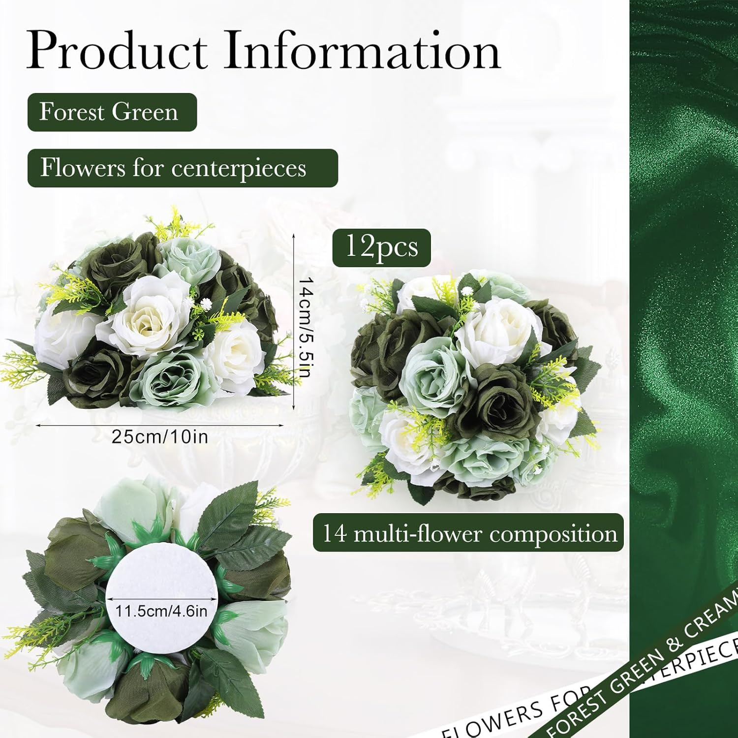 12 Pcs Forest Green Silk Flower Kissing Balls for Wedding Centerpieces