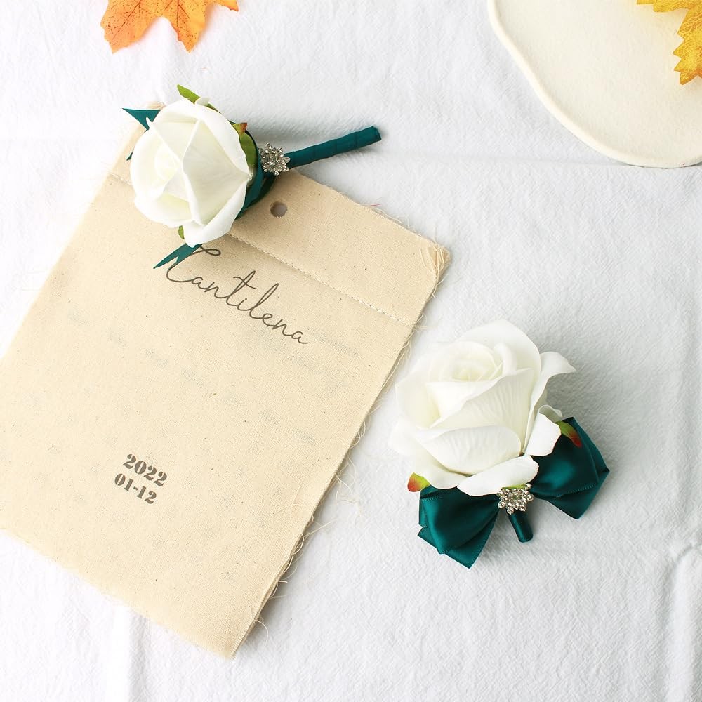 2 PCS Wrist Corsage Rose Boutonniere Set Bride Groom Prom Green White