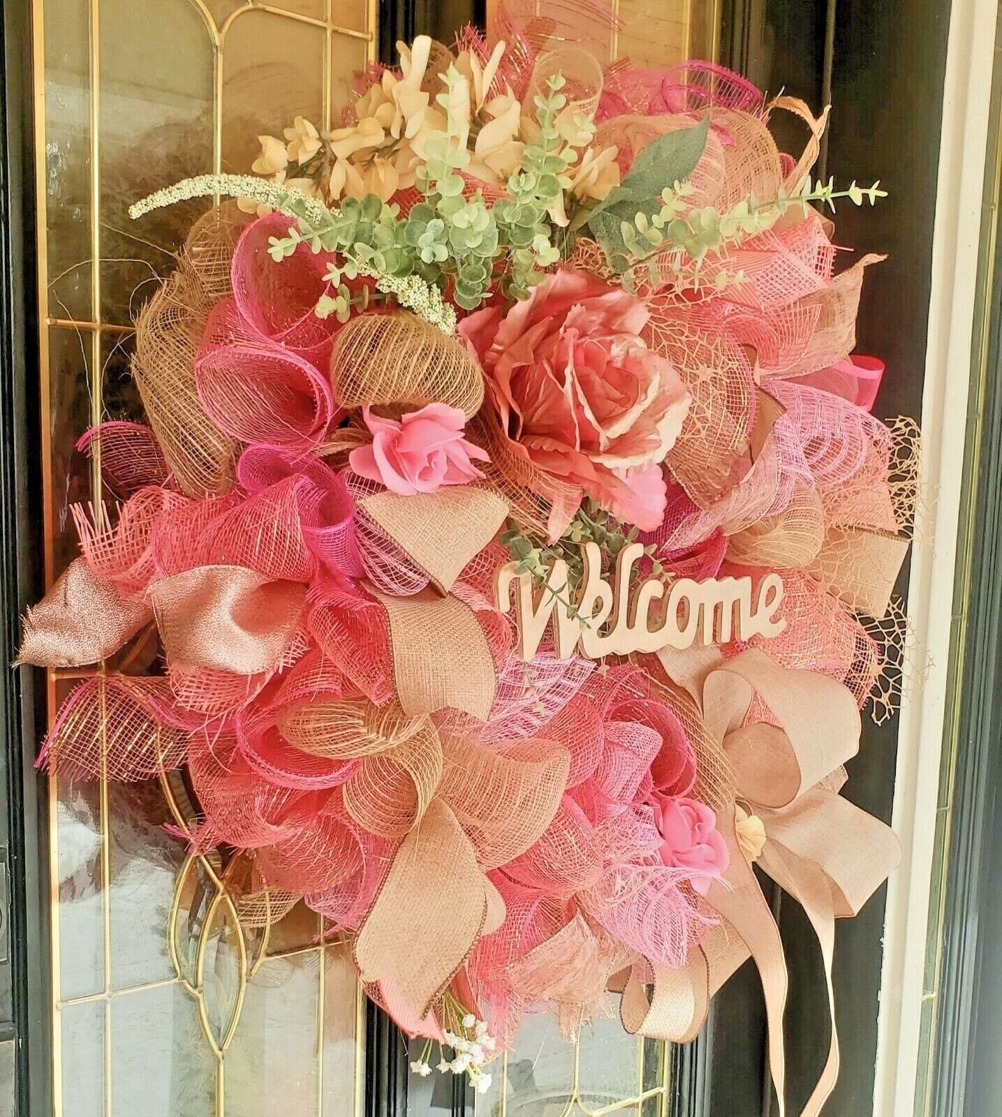 Large Spring Summer Burlap Deco Mesh Wreath Pink Rose Farmhouse Front Door Decor