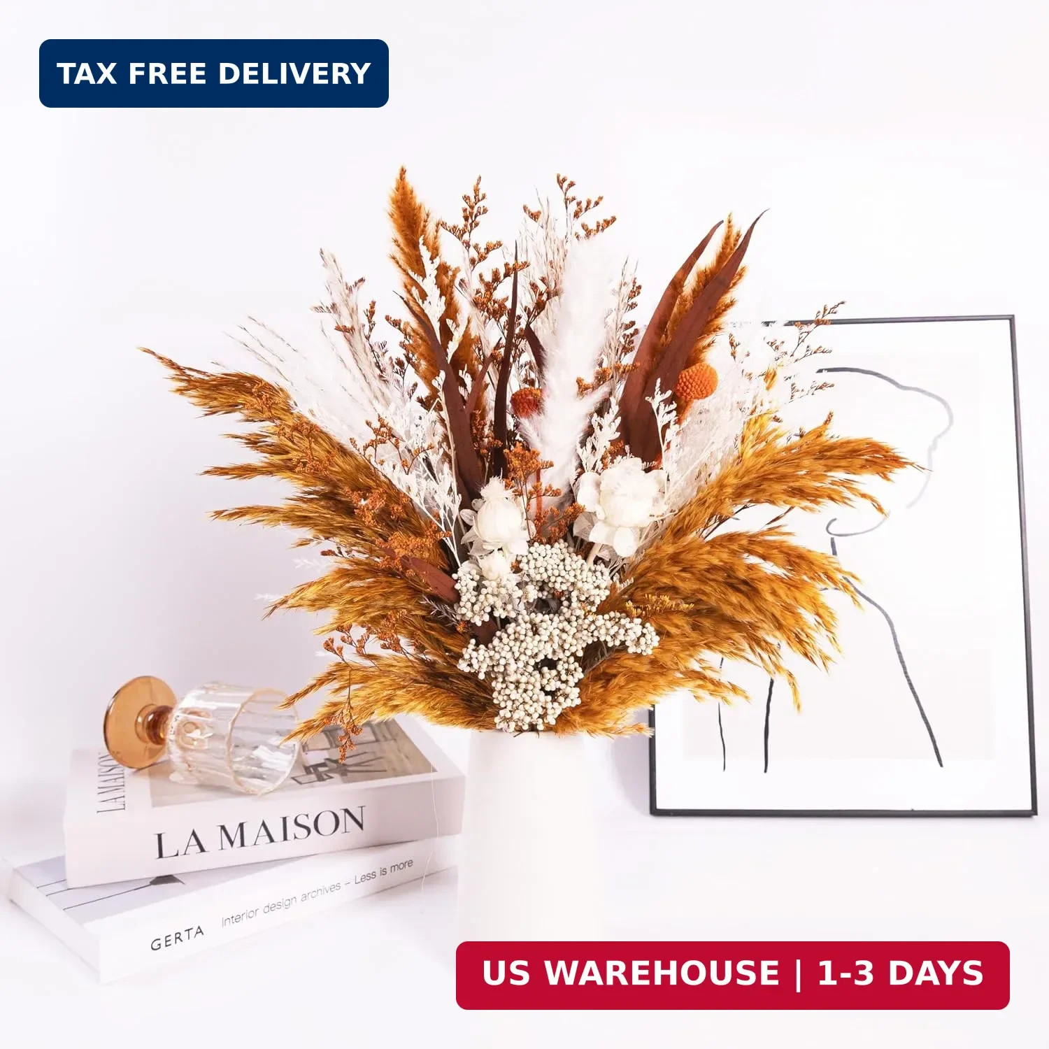 17″ Boho Dried Flower Bouquet – Natural Pampas Grass & Real Flowers for Spring H