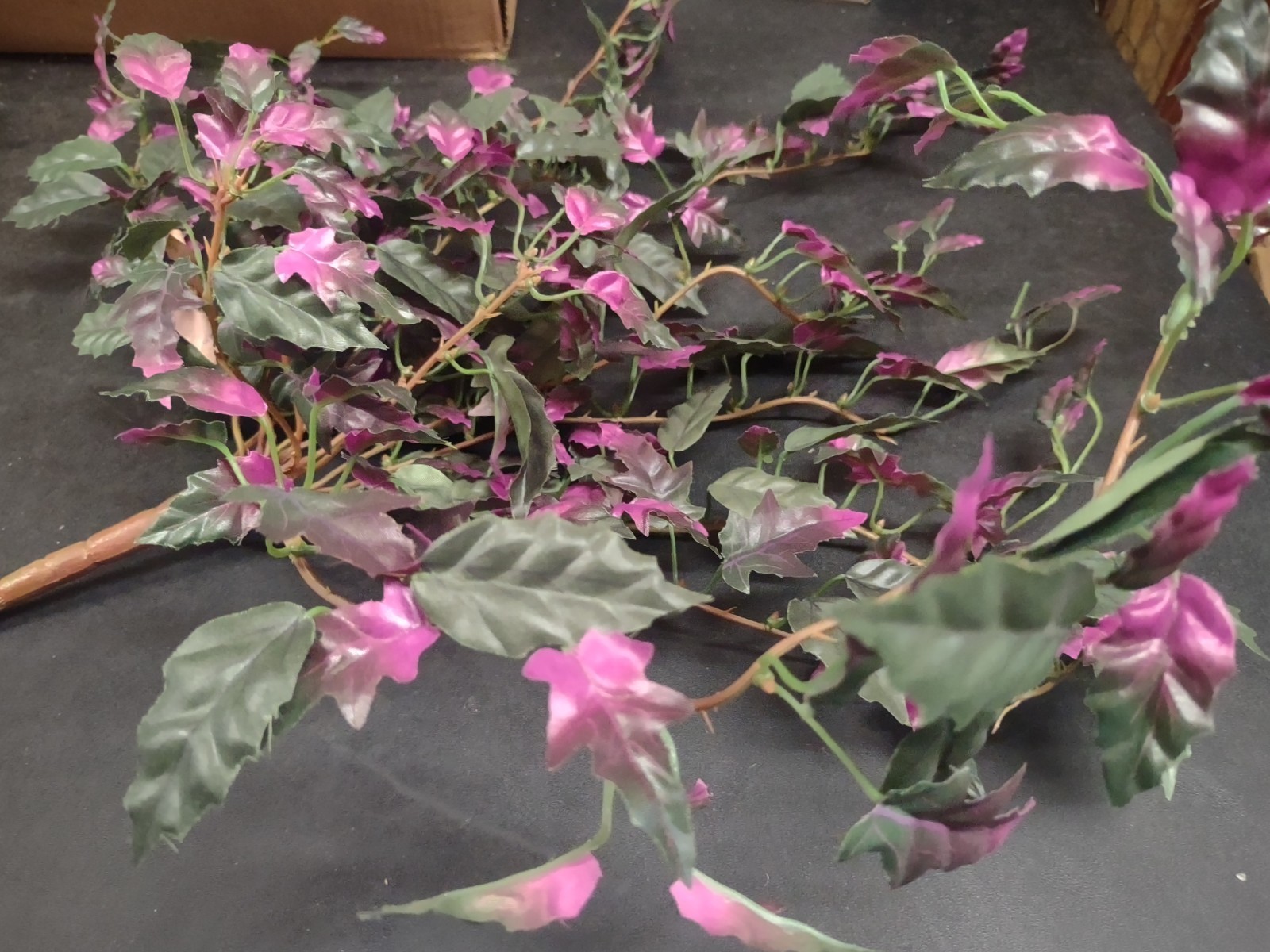 18″ Hanging Ivy Bush w/15 Wired Wood-Brown Branches, Purple & Green Silk Leaves