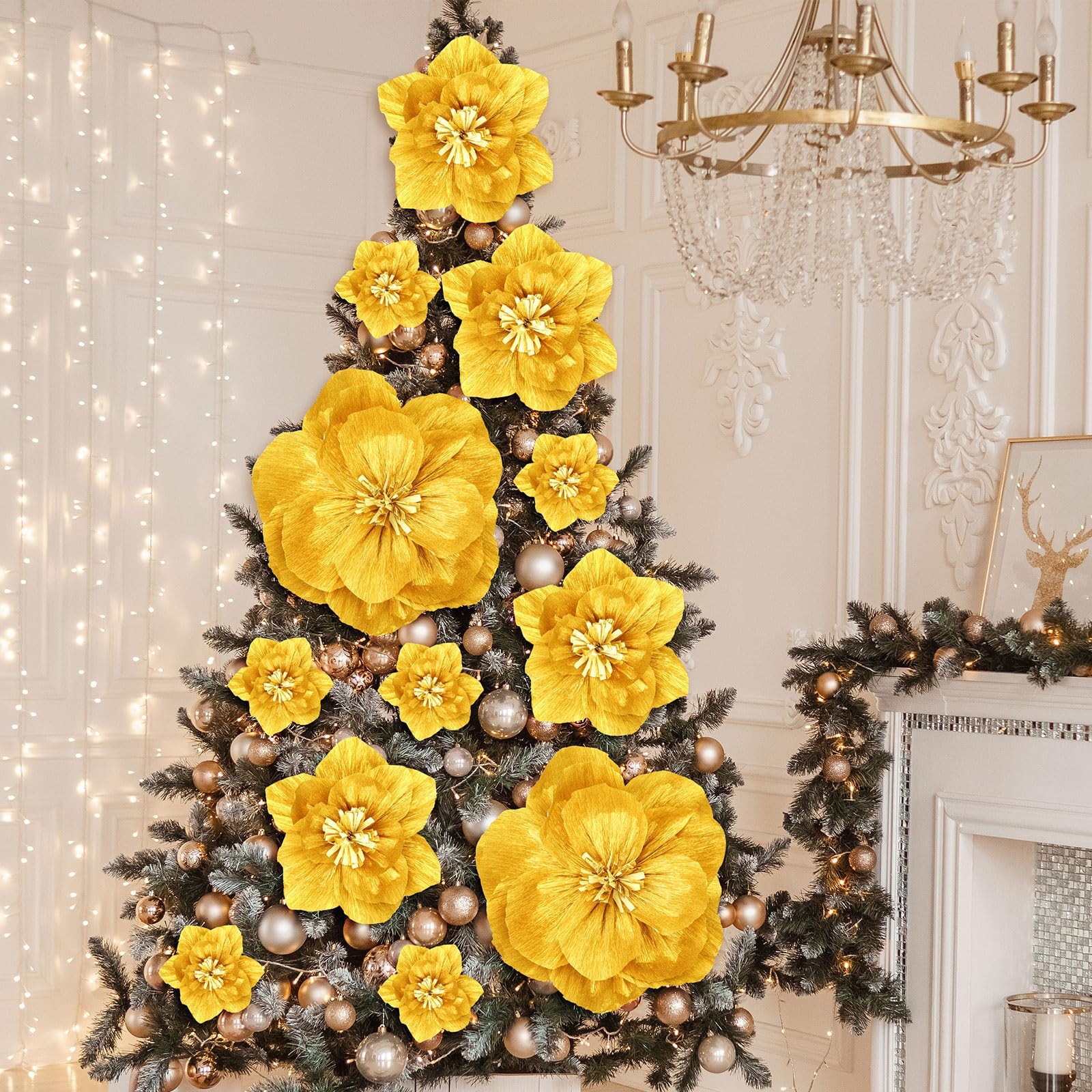 12 PCS Giant Artificial Paper Flowers Large Gold Floral Wall Backdrop Decor