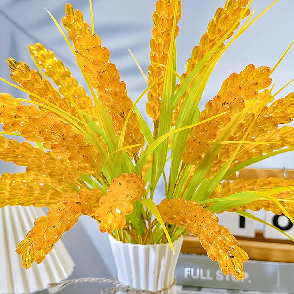 12pcs Crystal Golden Wheat Heads Artificial Rice Ear with Stalks Home Decoration
