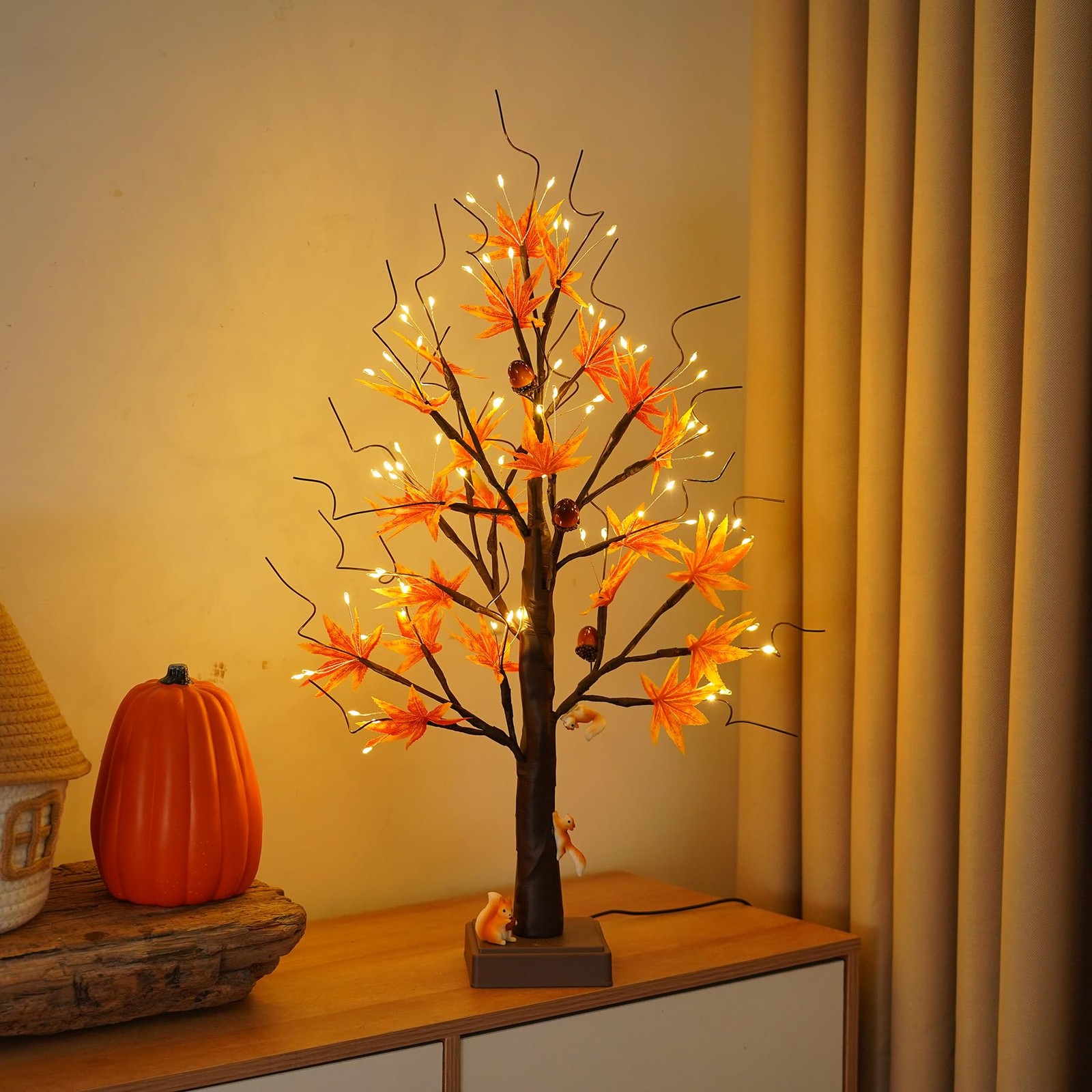 24” 72 LED Fall Decorations for Home, Birch Tree Lighted Fall Maple Leaves Ar…