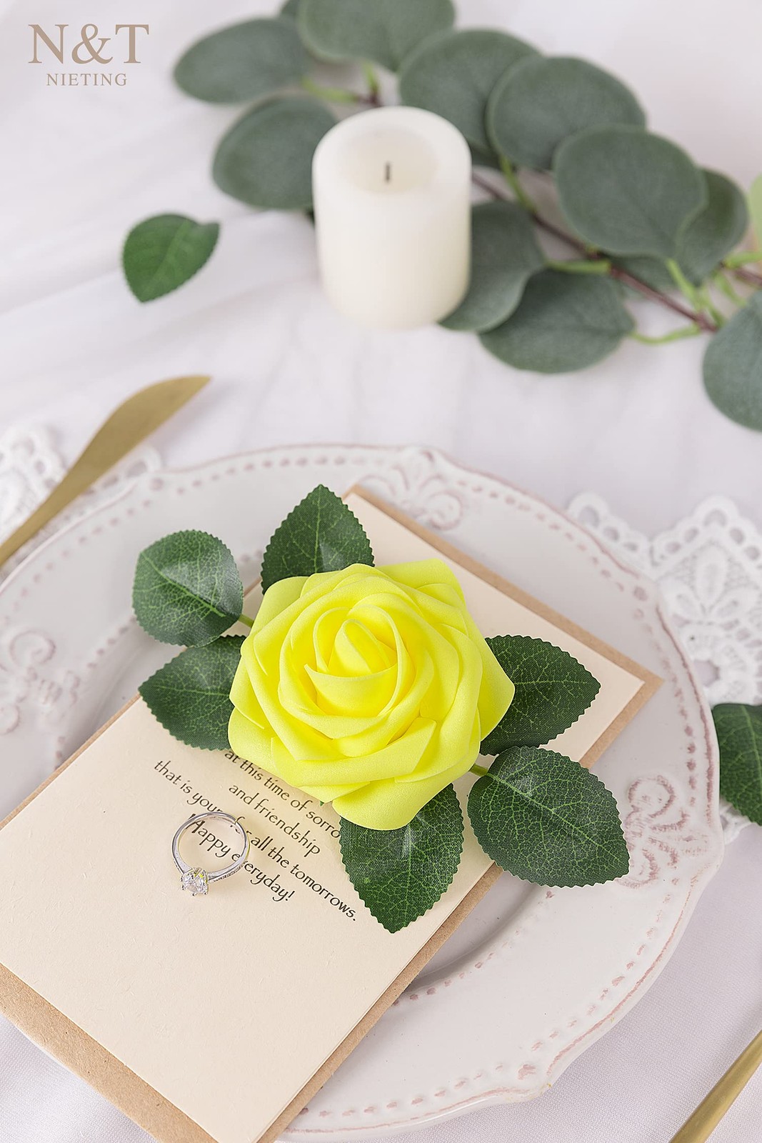 25 PCS Artificial Flowers Yellow Fake Roses for Wedding Bouquet DIY Decor