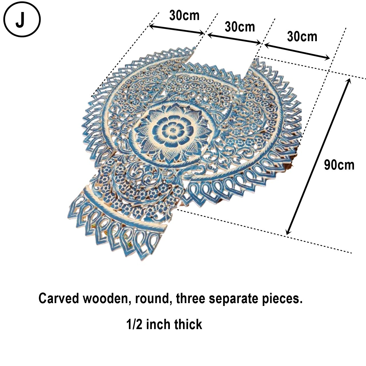 36″ Carved Wood Wall Art 3-Panel Round Mandala Coastal Blue & White #J