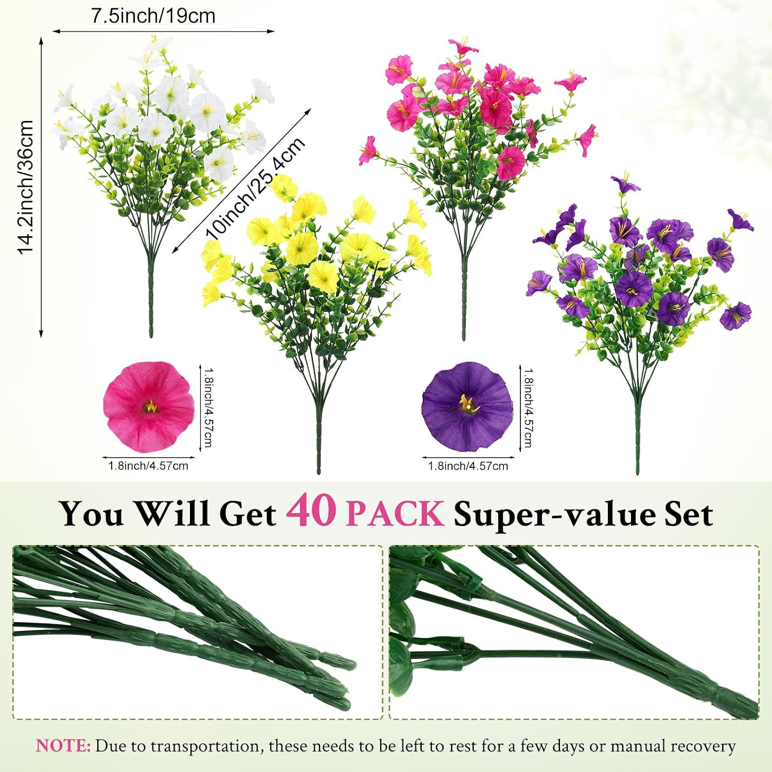 40 Bundles UV Resistant Artificial Morning Glory & Eucalyptus Flowers for Outdoo