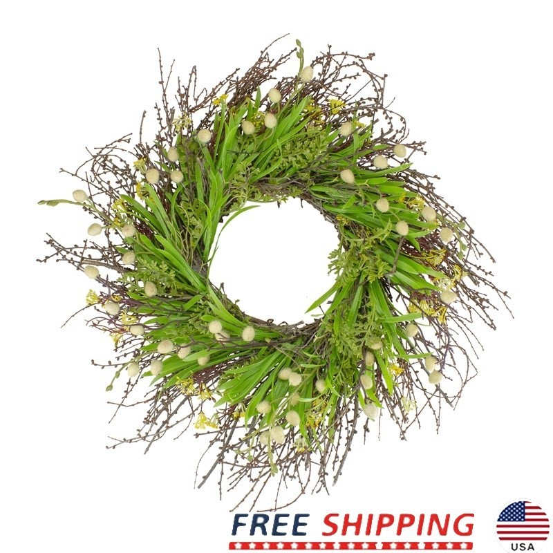 Artificial Grass Floral Wreath Yellow Flowers Natural Twigs Indoor Decor 18 Inch