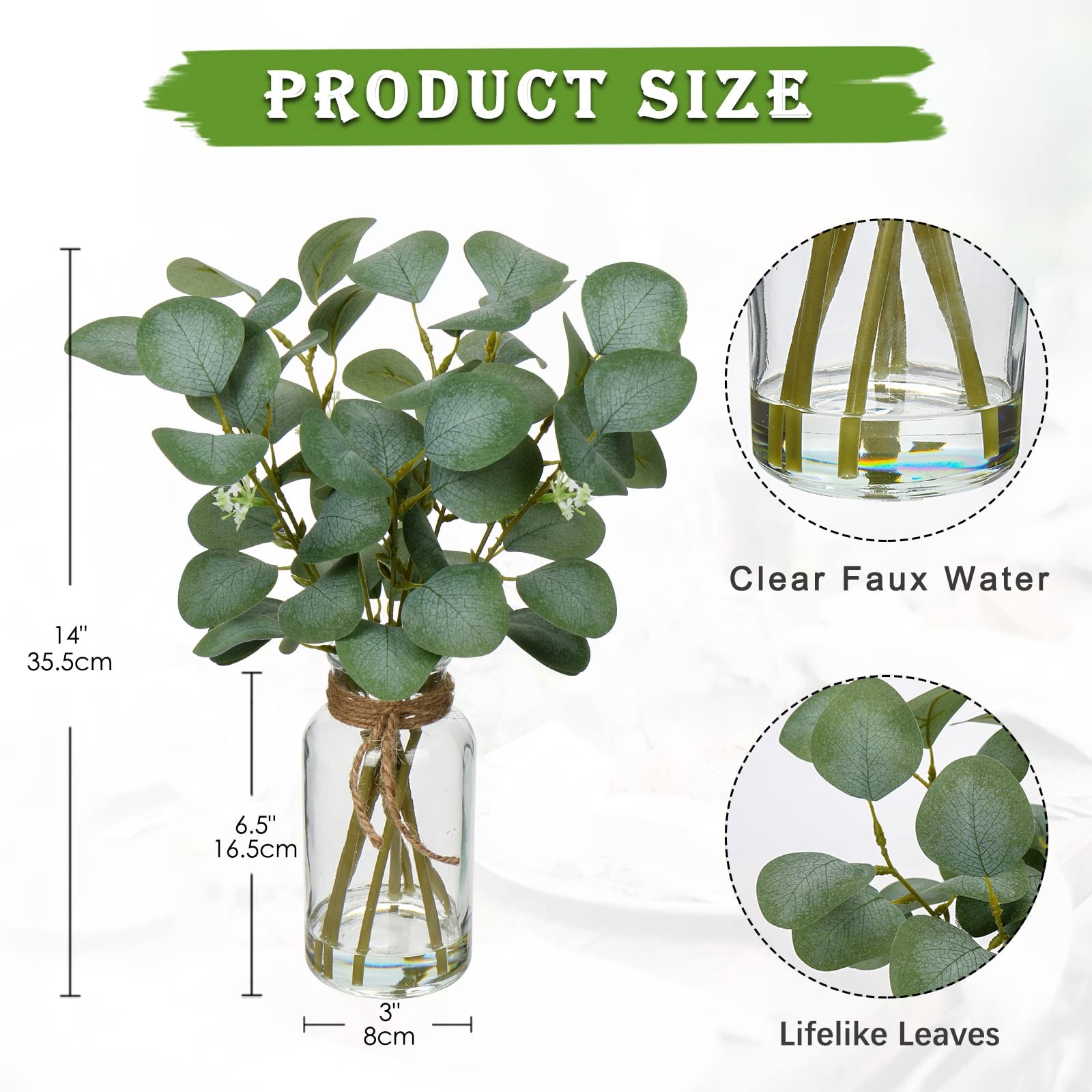 Artificial Eucalyptus Stems in Glass Vase with Faux Water, 14″ Fake Plant Euc…