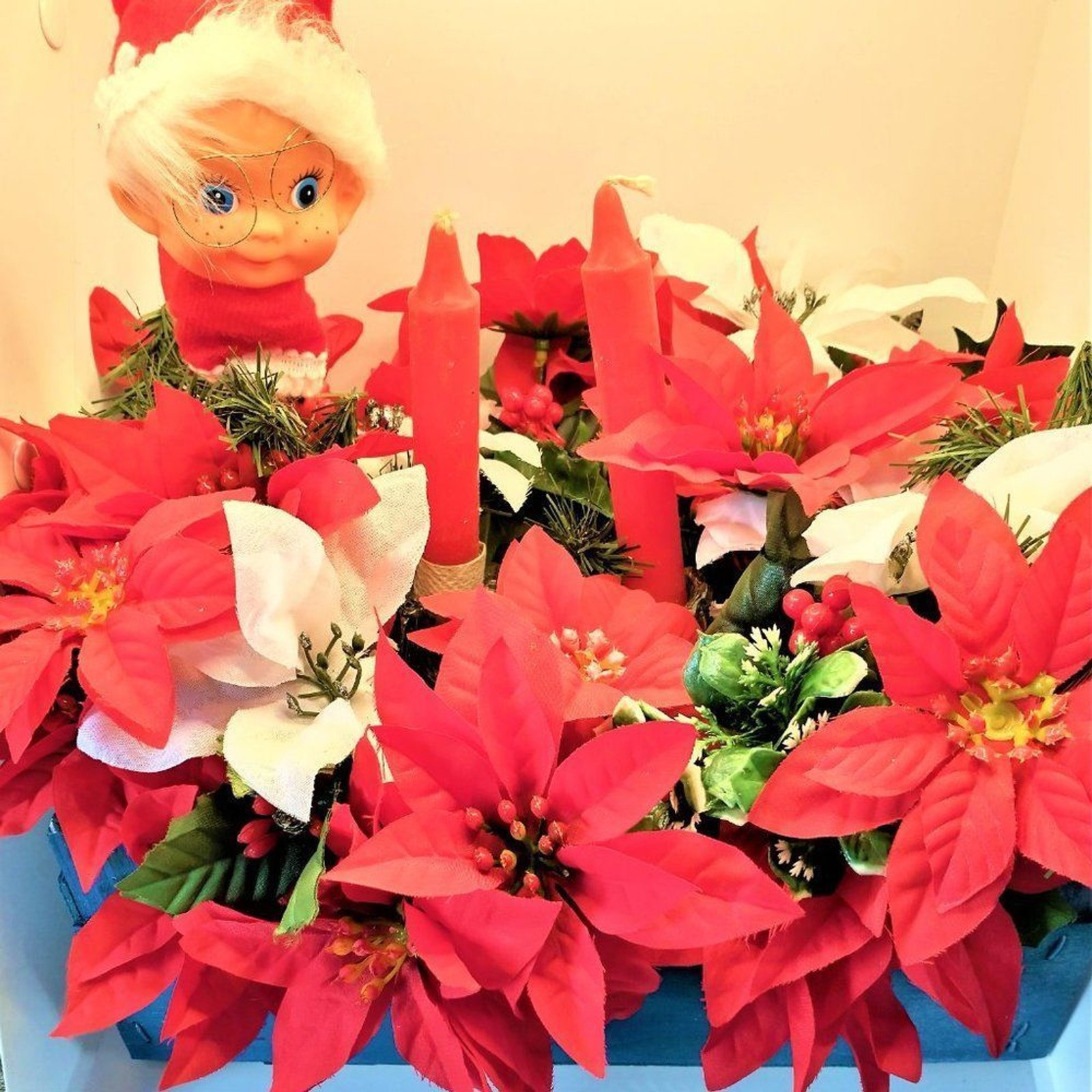 Hand Crafted Floral Table Centerpiece Winter Poinsettia Elf Candle Basket