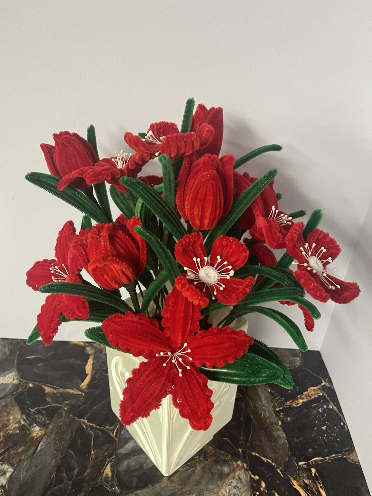 Handmade Red Pipe Cleaner Flower Arrangement in Elegant Vase – Unique Decor