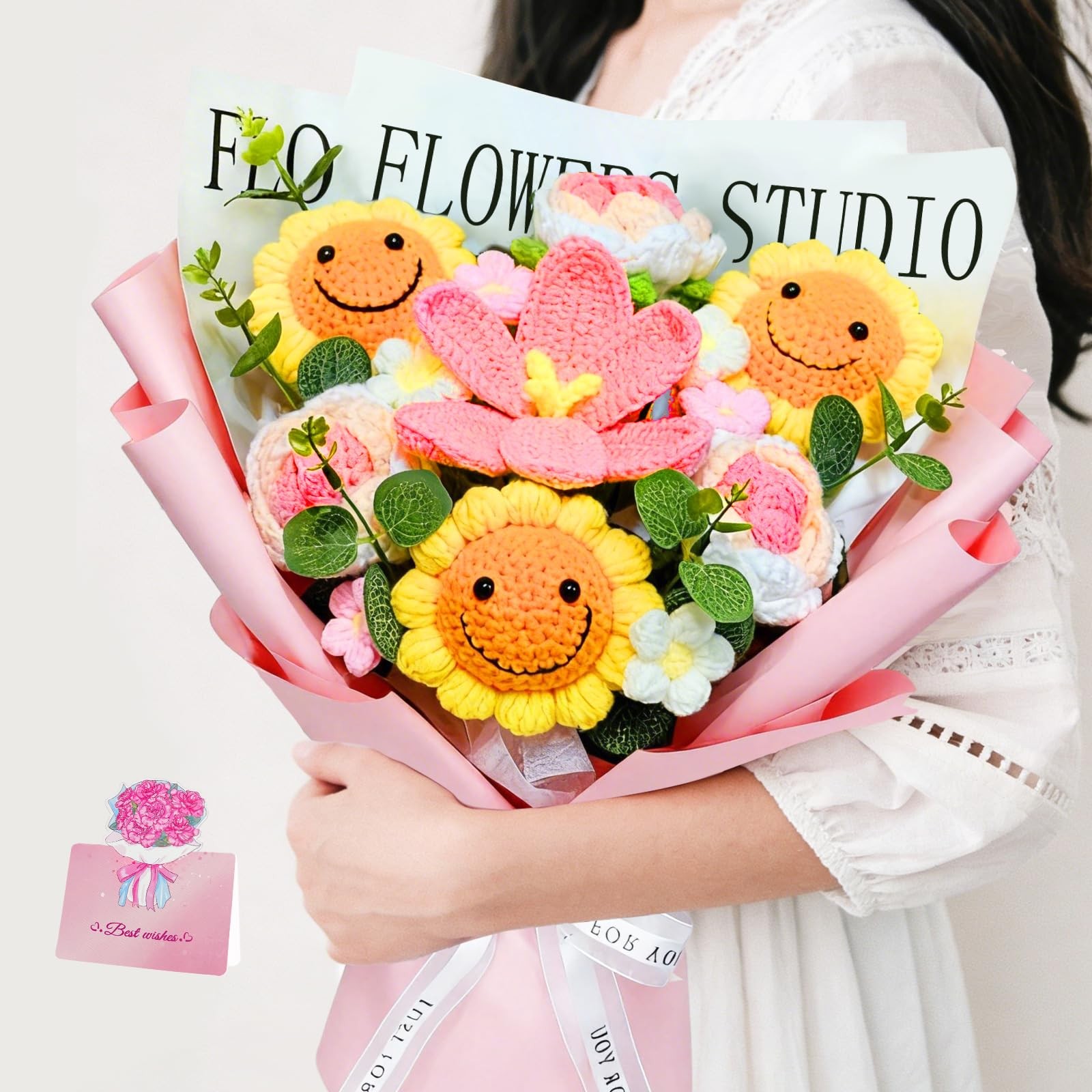 Bnoiiok Crochet Flower Bouquet,Pink Sunflower Handmade Knitted Flowers