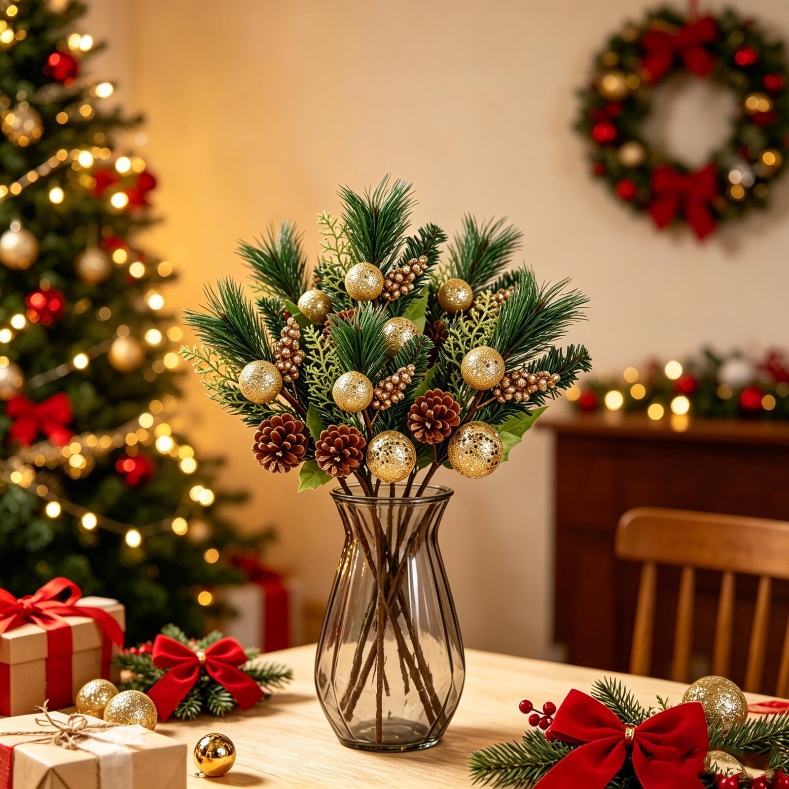 12″ Gold & Green Christmas Picks and Sprays – 6 Pcs Tree Fillers
