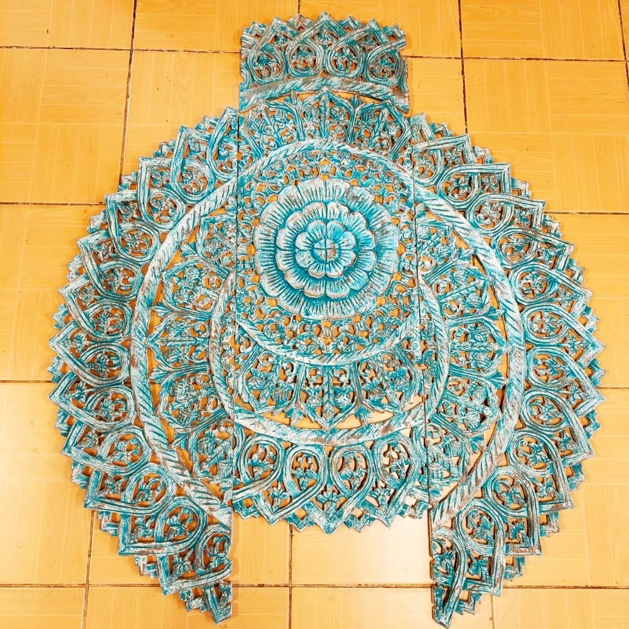36″ Turquoise Wood Mandala Wall Art Teal White Wash Carved 3-Piece Bohemian #G