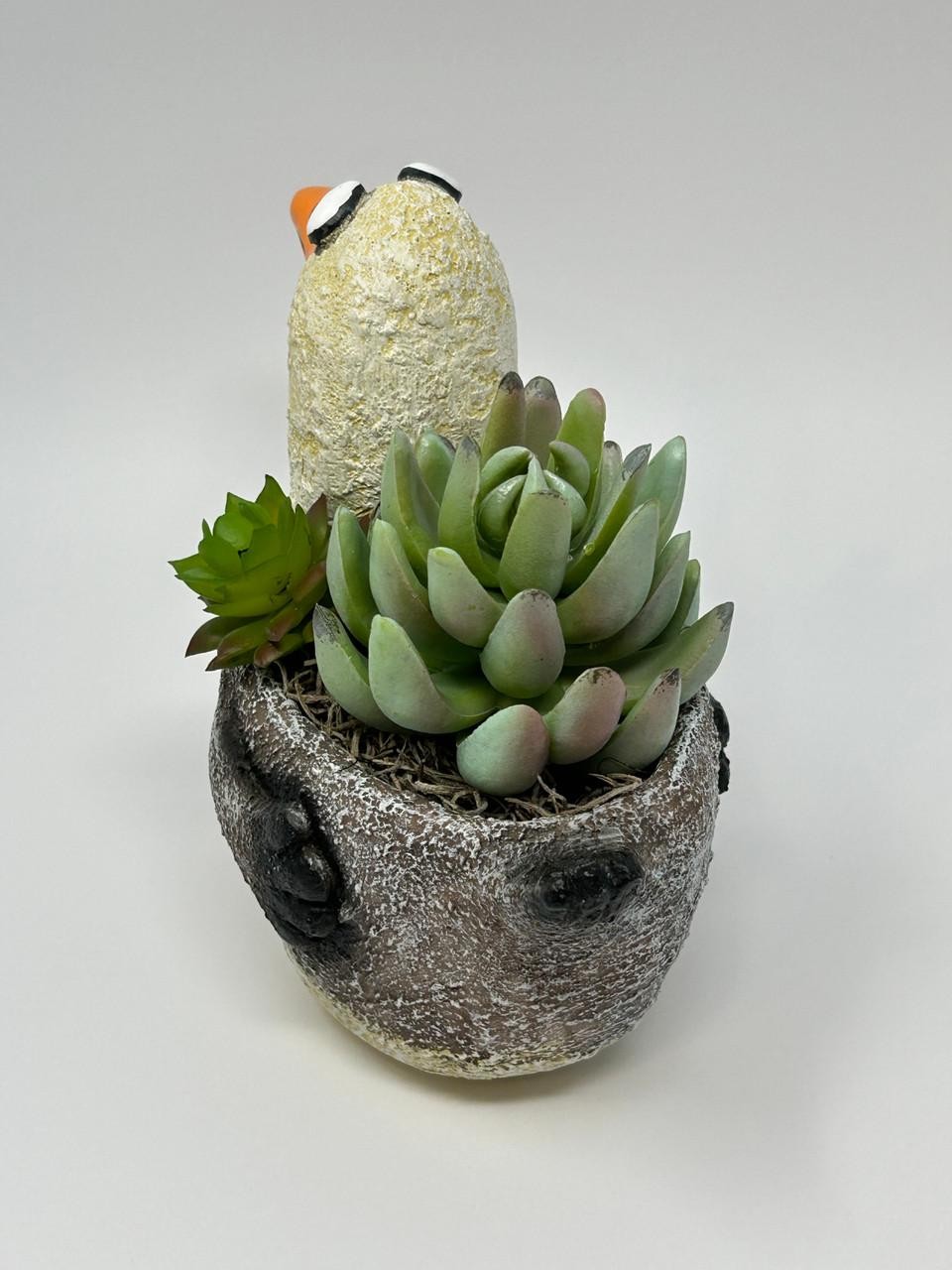 6.5″ Potted Lg SEAGULL Blob House pot with Artificial Senecio & Echeveria Cabbag