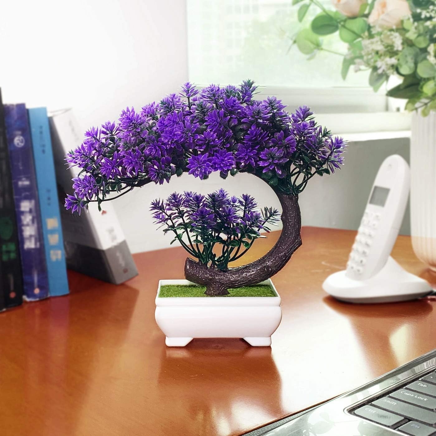 Contemporary 8.5” Small Fake Bonsai Tree in White Pot – Chic Decor Piece