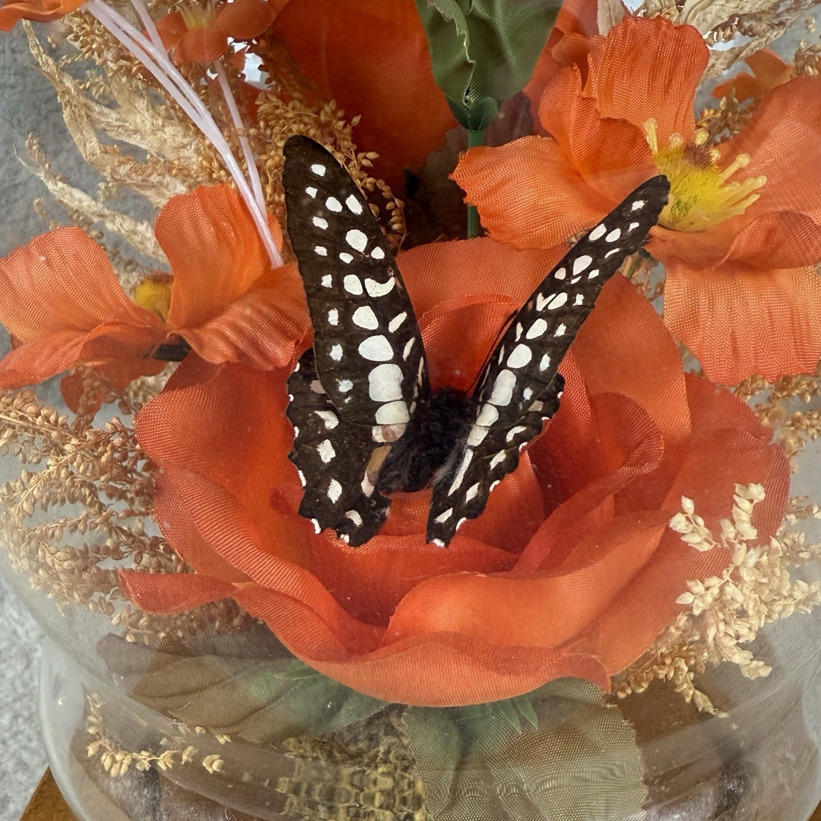 Vintage Butterfly w/Silk Flowers Under Glass Dome Cloche~Silk Flowers Wood Base