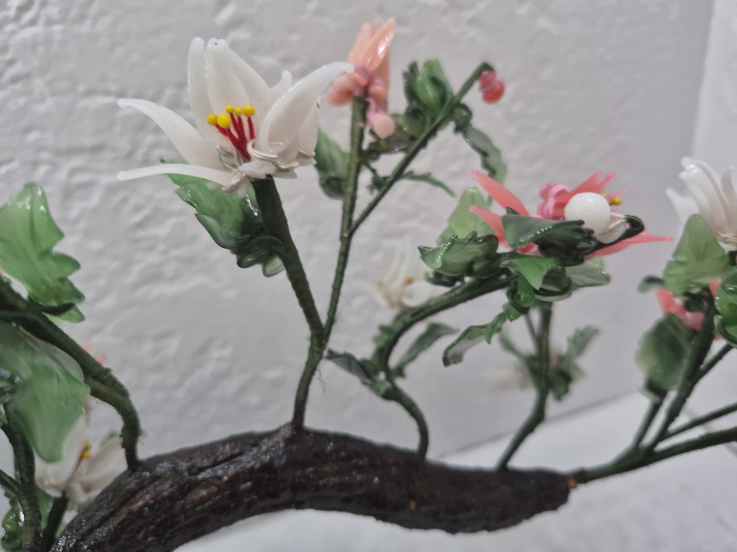 Vintage Chinese Glass Stone Jade Cherry Blossom Bonsai Tree Pink & White Flowers