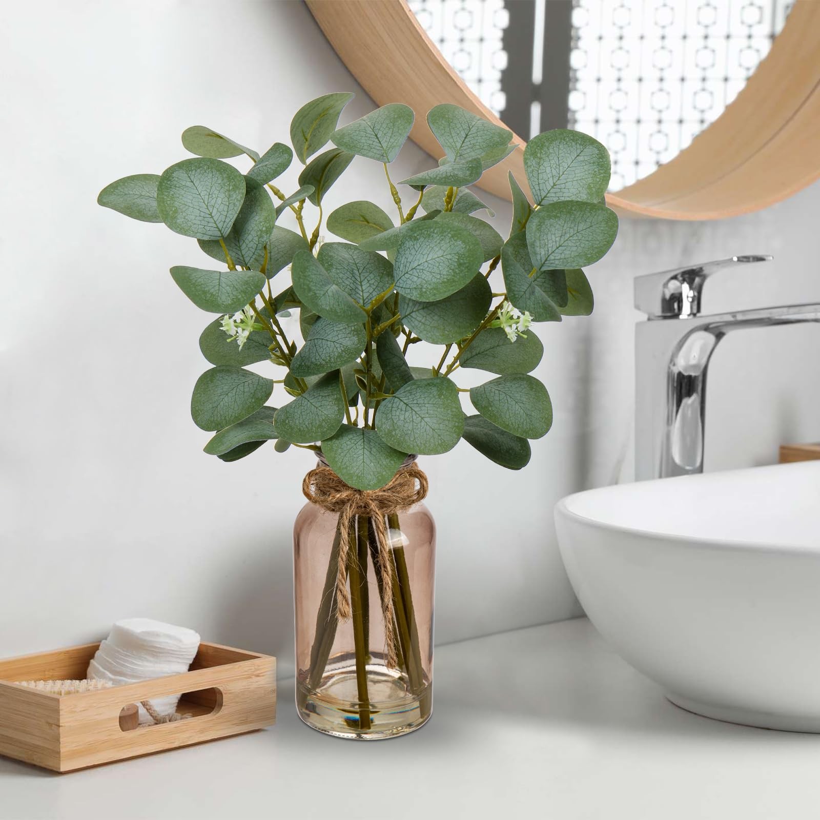 Artificial Eucalyptus Stems In Teal Glass Vase With Faux Water 14 Fake Plant Eu