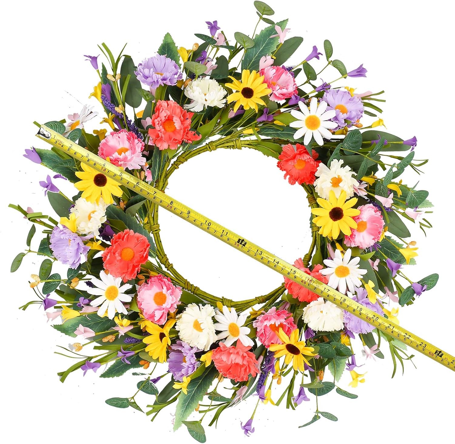 Artificial Spring Wreath 20” Purple Yellow White & Pink Flower Wreaths Summer