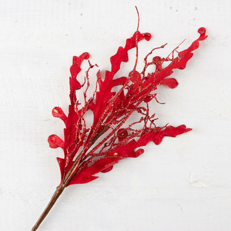 Red Glitter and Velvet Leaf and Twig Picks | 4 Floral Spray