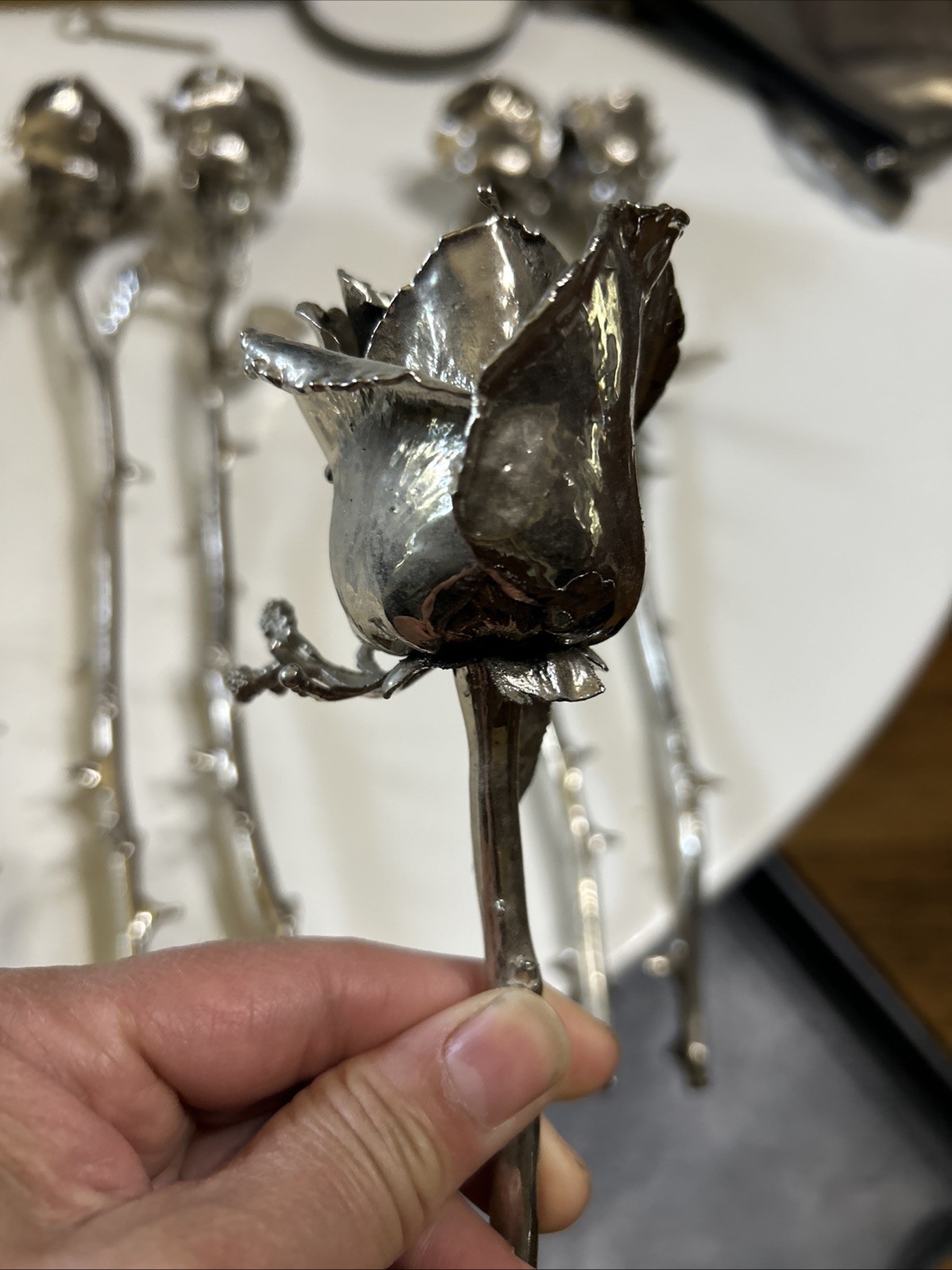 Set of six 6 Real Rose Dipped In Silver 18 inches long Triple dipped