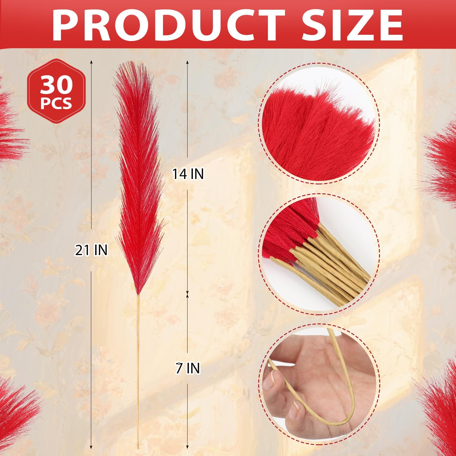 30 PCS 21 Inch Red Artificial Pompous Pampas Grass Bulk Small Vase Filler Home