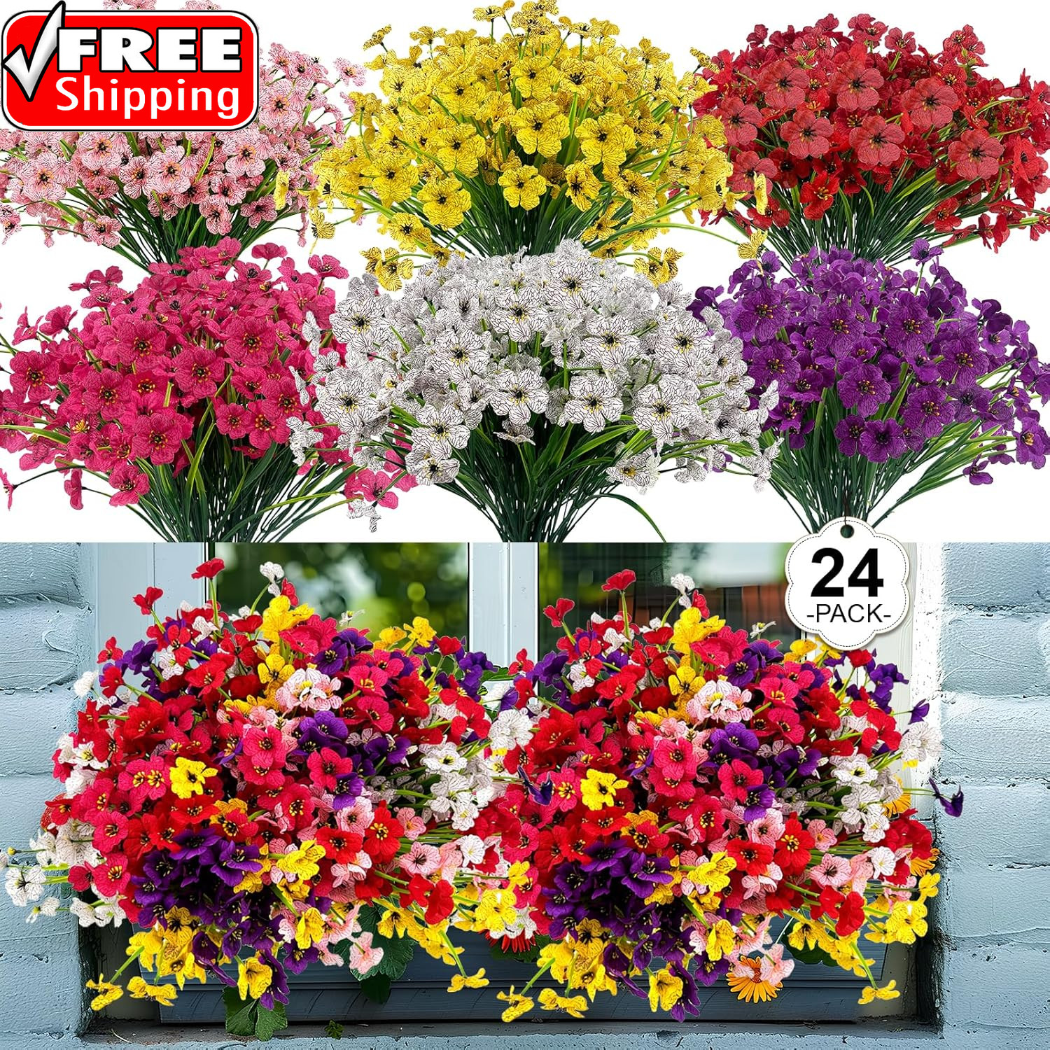 24 Pcs (6 Color) UV Resistant Outdoor Artificial Faux Flowers Plants Realistic P