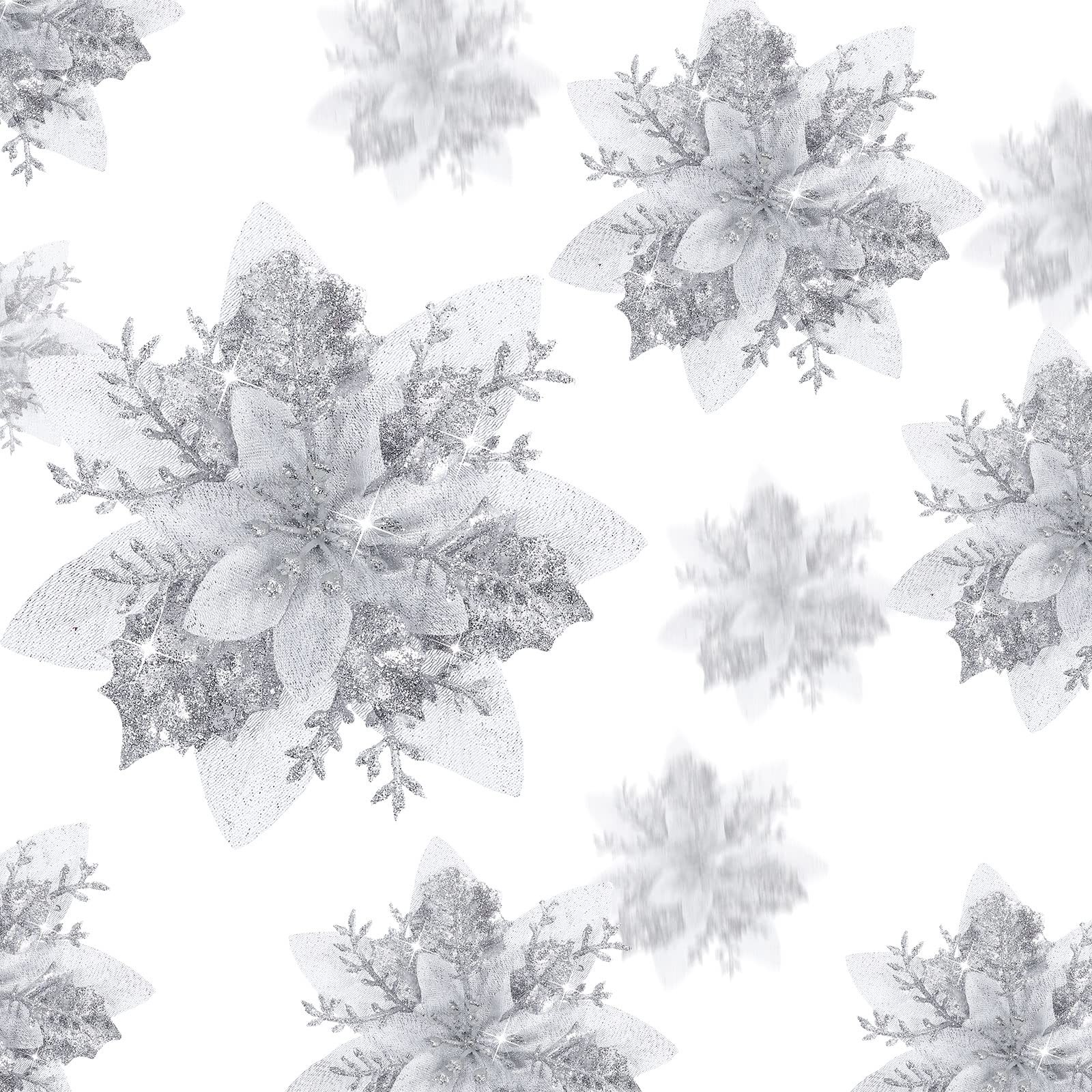 Silver Christmas Glitter Artificial Poinsettia Flowers Ornaments Clips 36 PCS
