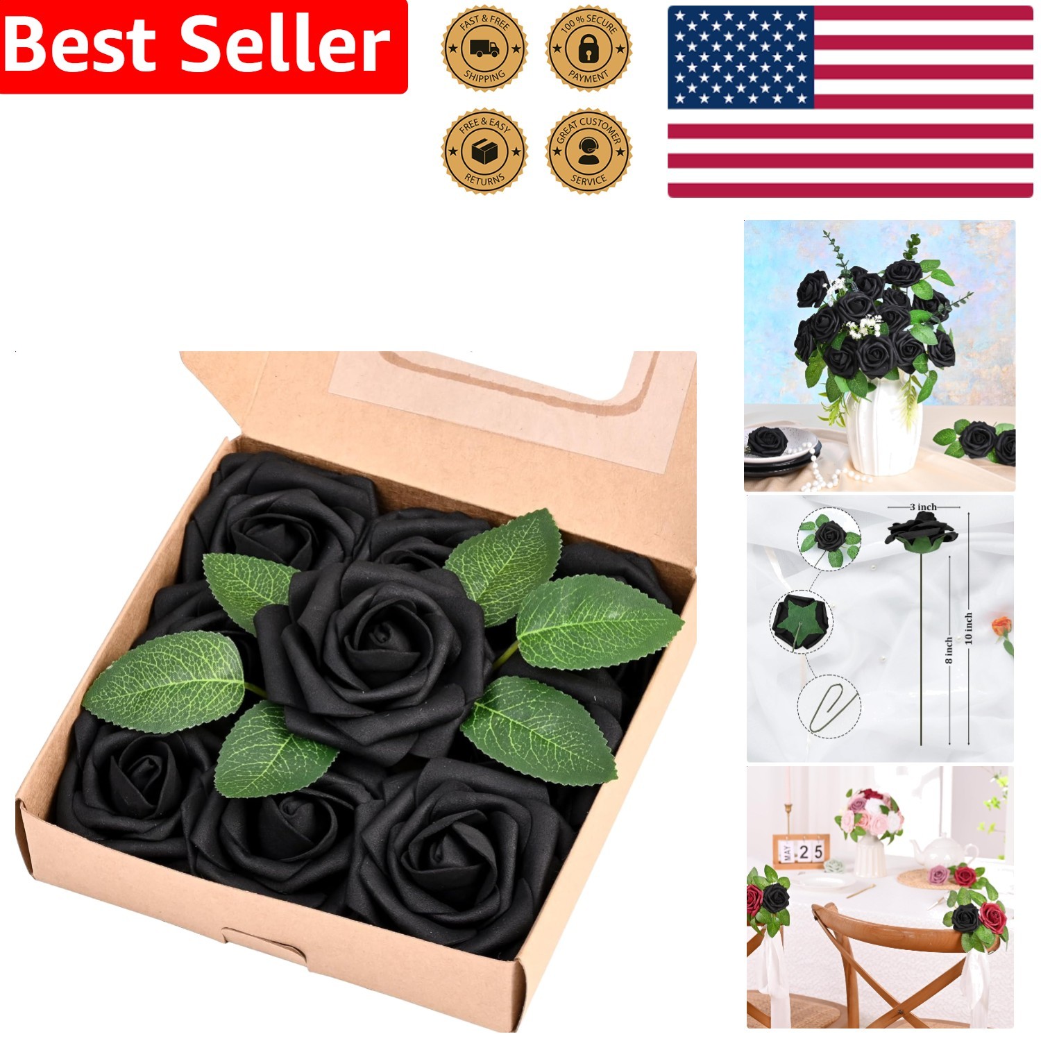 9 Pcs Black Foam Roses Artificial Flowers Real Touch Wedding Bouquet Centerpiece