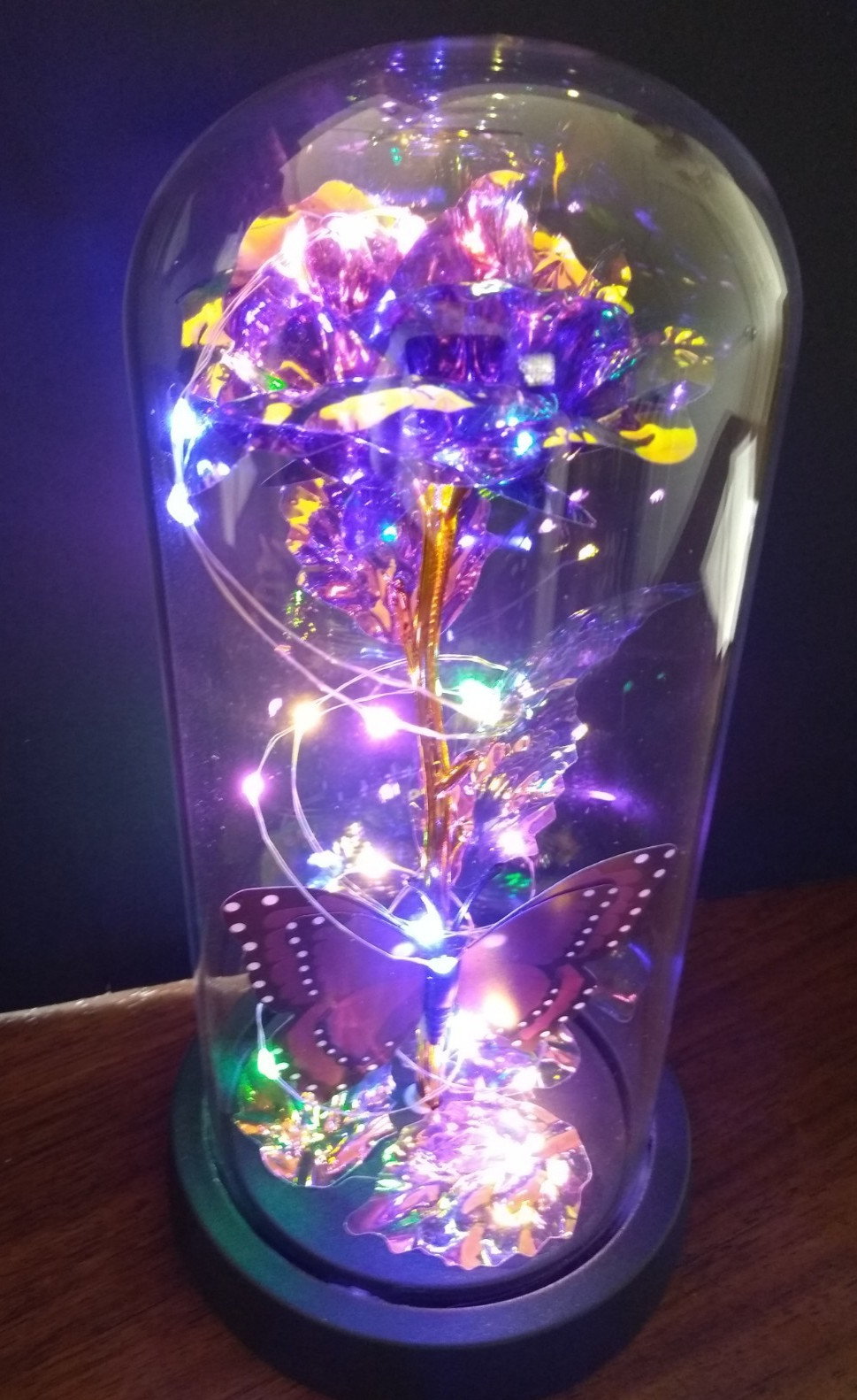 Purple Rose Gift for Women Enchanted Crystal Flower with Butterfly in Glass Dome