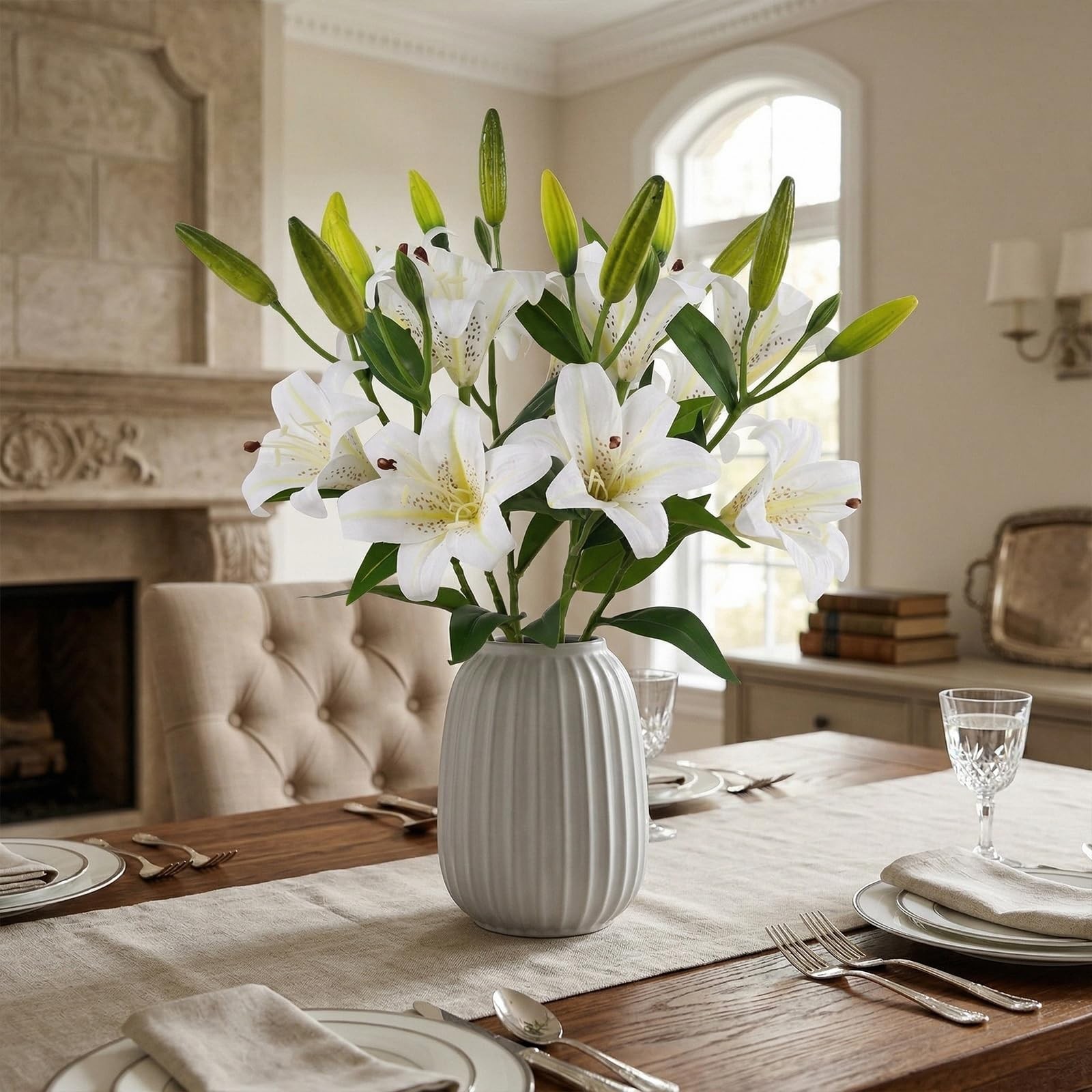 6PCS Artificial Lilies 26.7″ Silk Lily Flowers with 12 Heads Fully Bloomed Li…