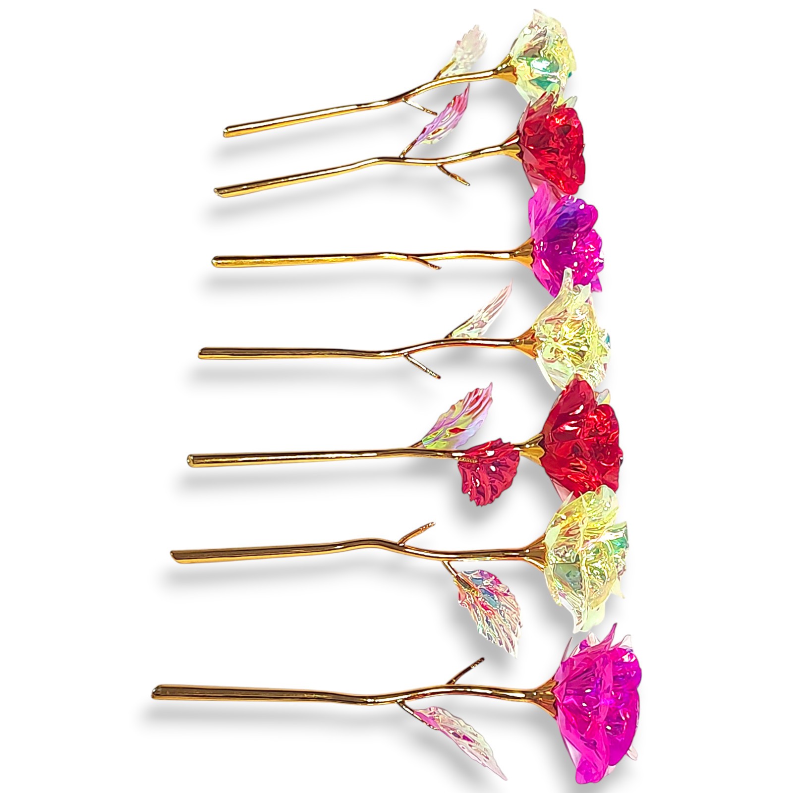 7pc Gold Stem Foil Enchanted Multicolor Flower Galaxy Rose Yellow Red Pink
