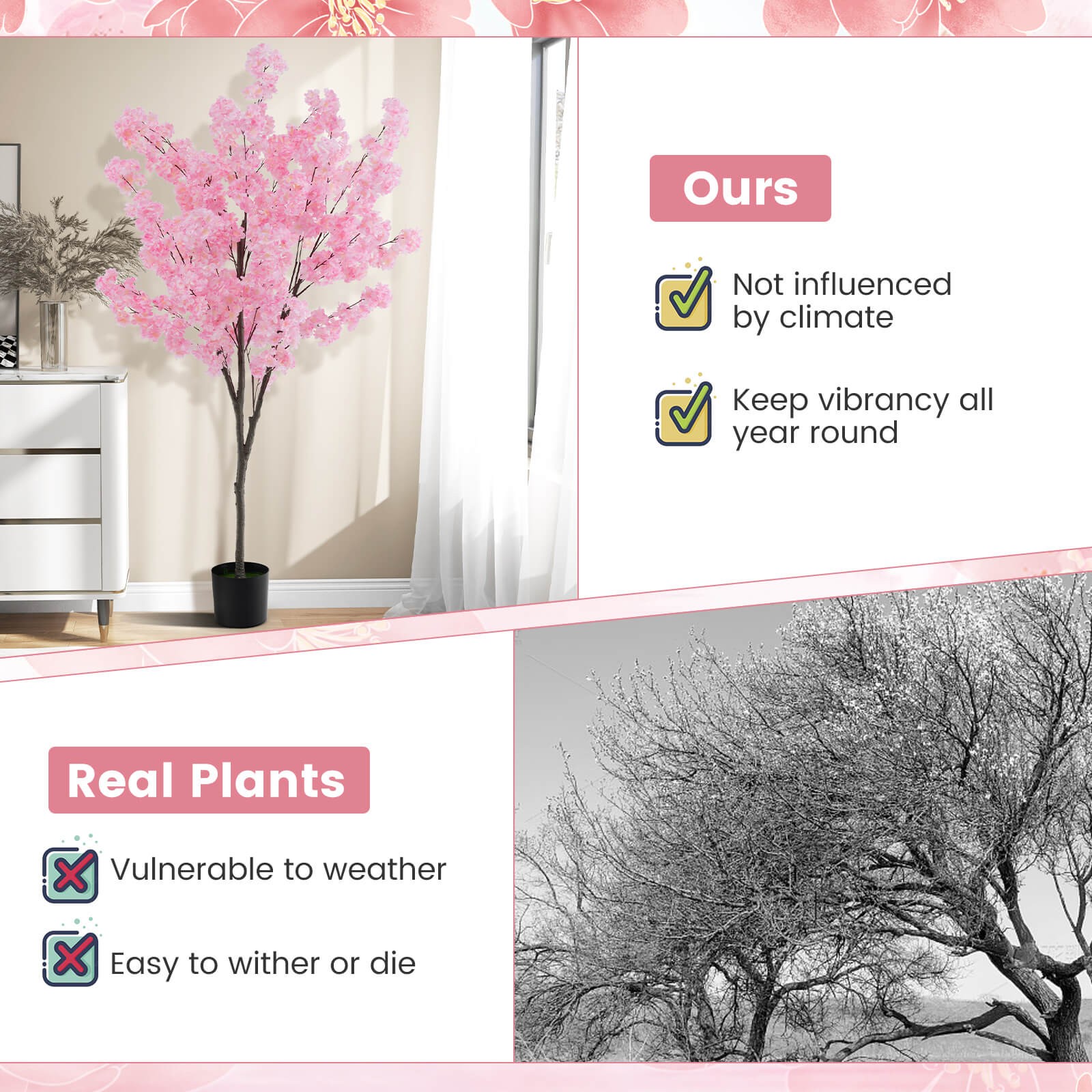 6.5 FT Tall Artificial Cherry Blossom Tree w/ 900 Pink Flowers Cement-filled