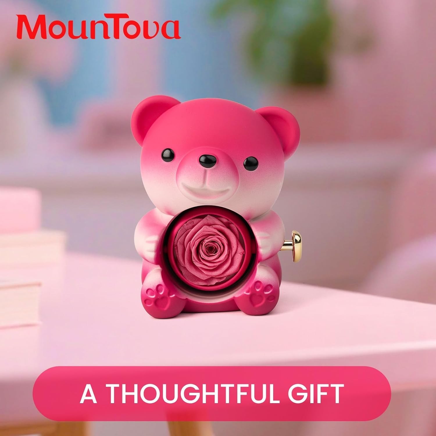 Cute Teddy Bear with Preserved Rose and Necklace, Elegant Bear Roses Gifts with