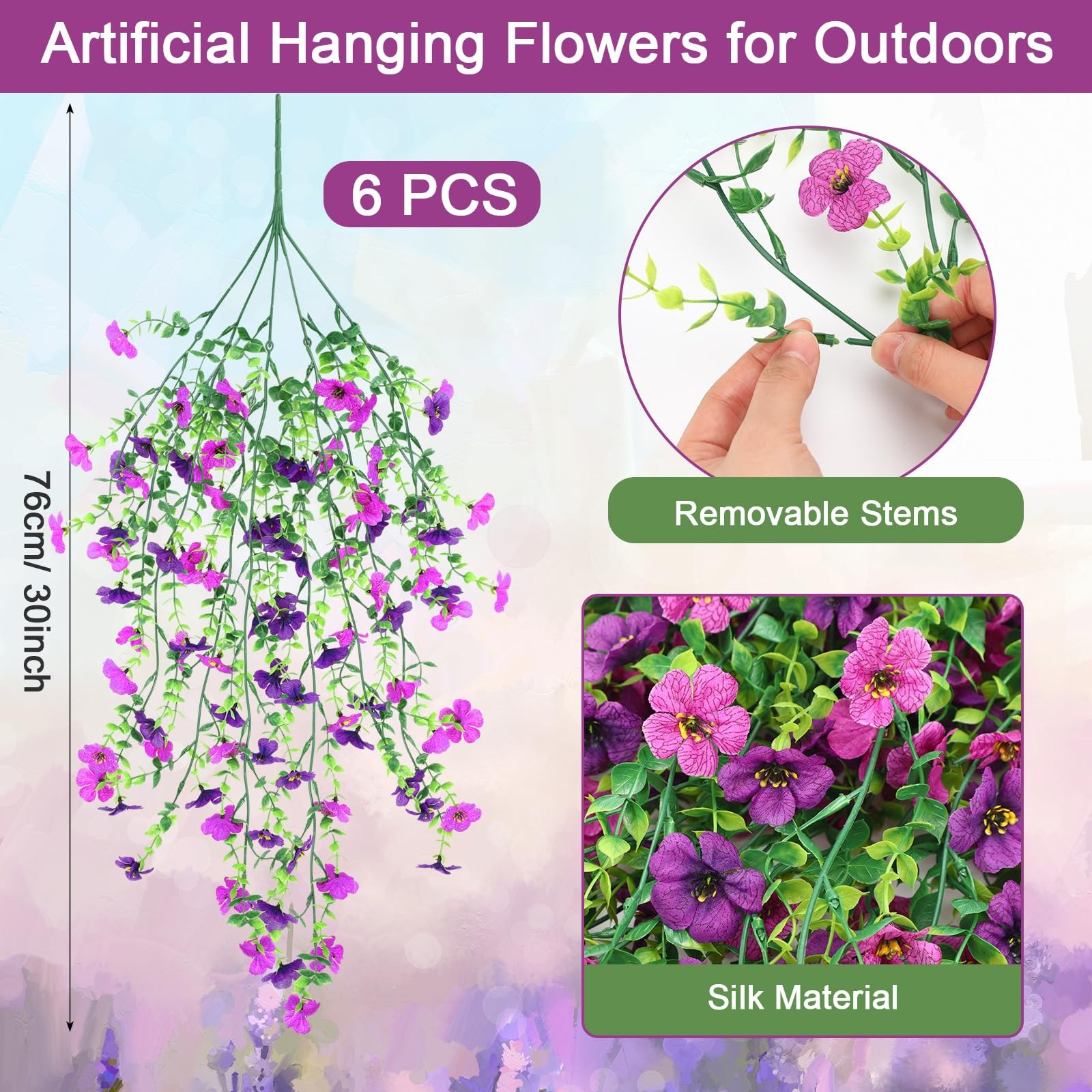 6 Pcs Spring Artificial Hanging Flowers Outdoor Faux Silk Mum Plant Decor Vio…