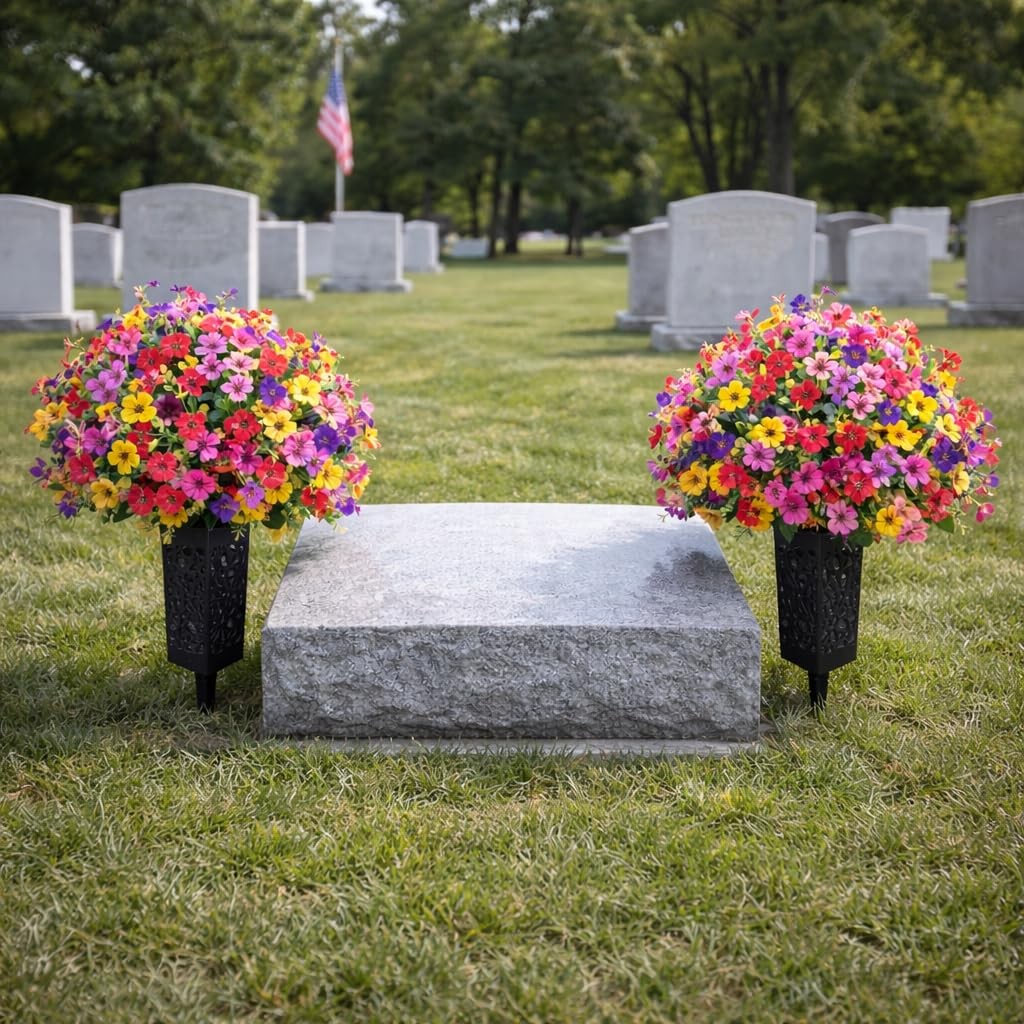 Cemetery Flowers For Grave With Vases Artificial Memorial Faux Silk 2 PCS