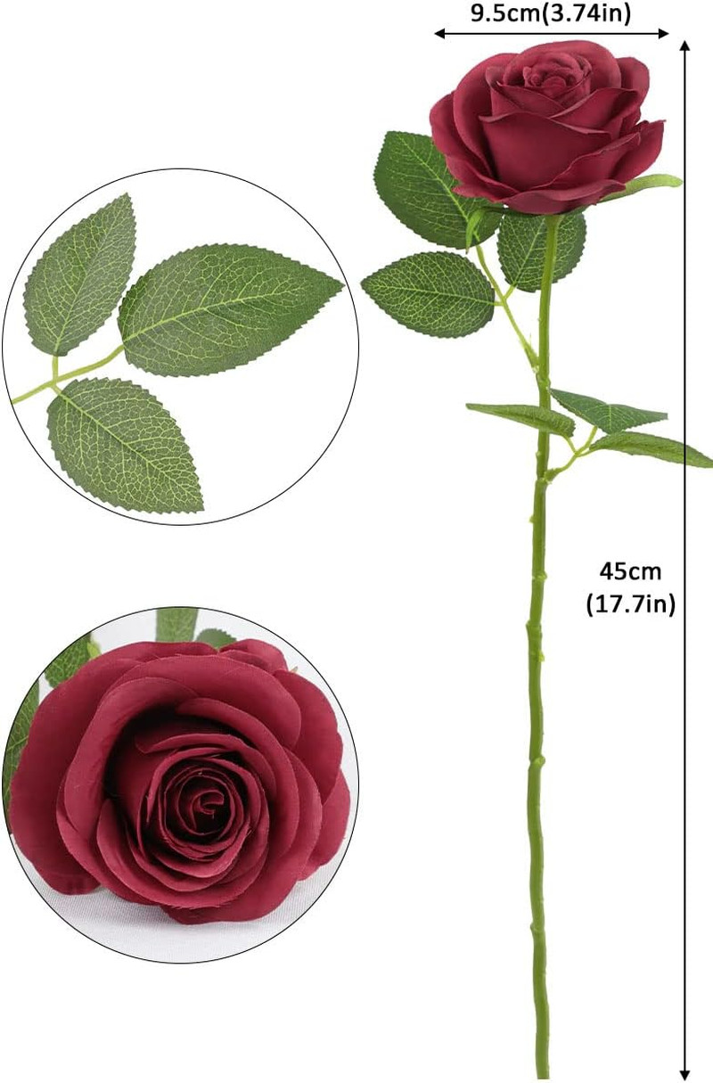 50Pcs Roses Artificial Flowers Fake Flowers with Long Stems Burgundy Silk Flower