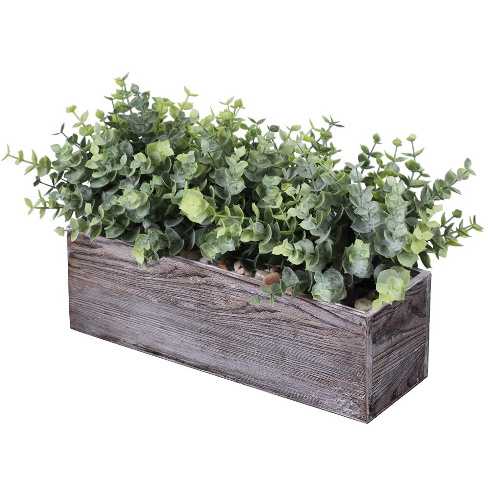 Faux Dusty Green Eucalyptus Plants Rustic Wood Planter Box Wedding Centerpiece