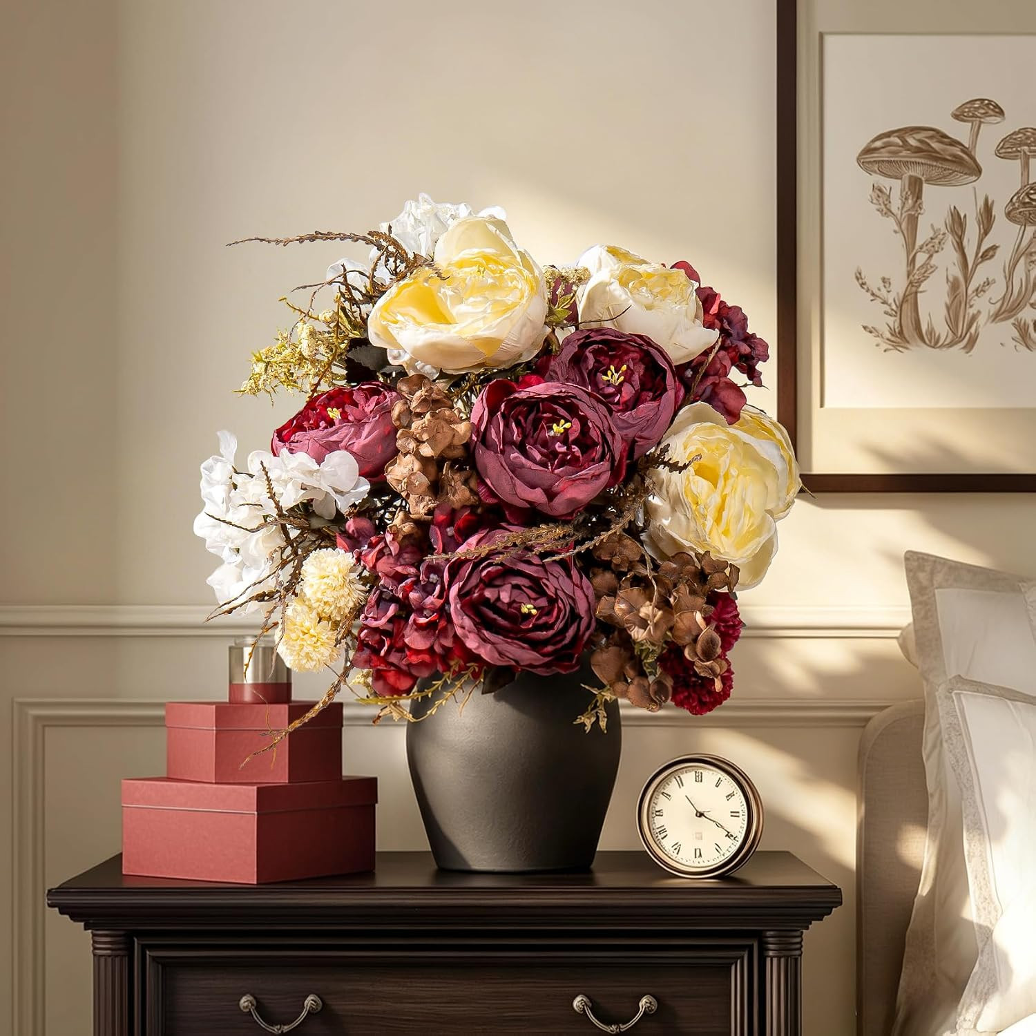 2 Packs Silk Peonies Bouquets – 23 Stems Ivory & Burgundy for Home Decor