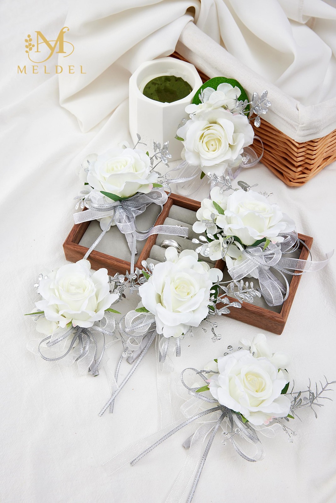 6 PCS White Boutonniere Men Groom Groomsman Wedding Suit Flower Silver Rose