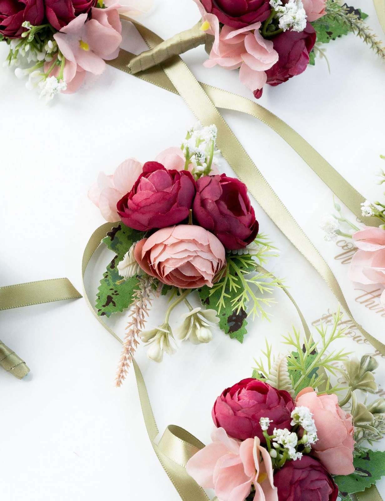 2 PCS Wrist Corsage Boutonniere Set Wedding Bridesmaid Artificial Roses Red